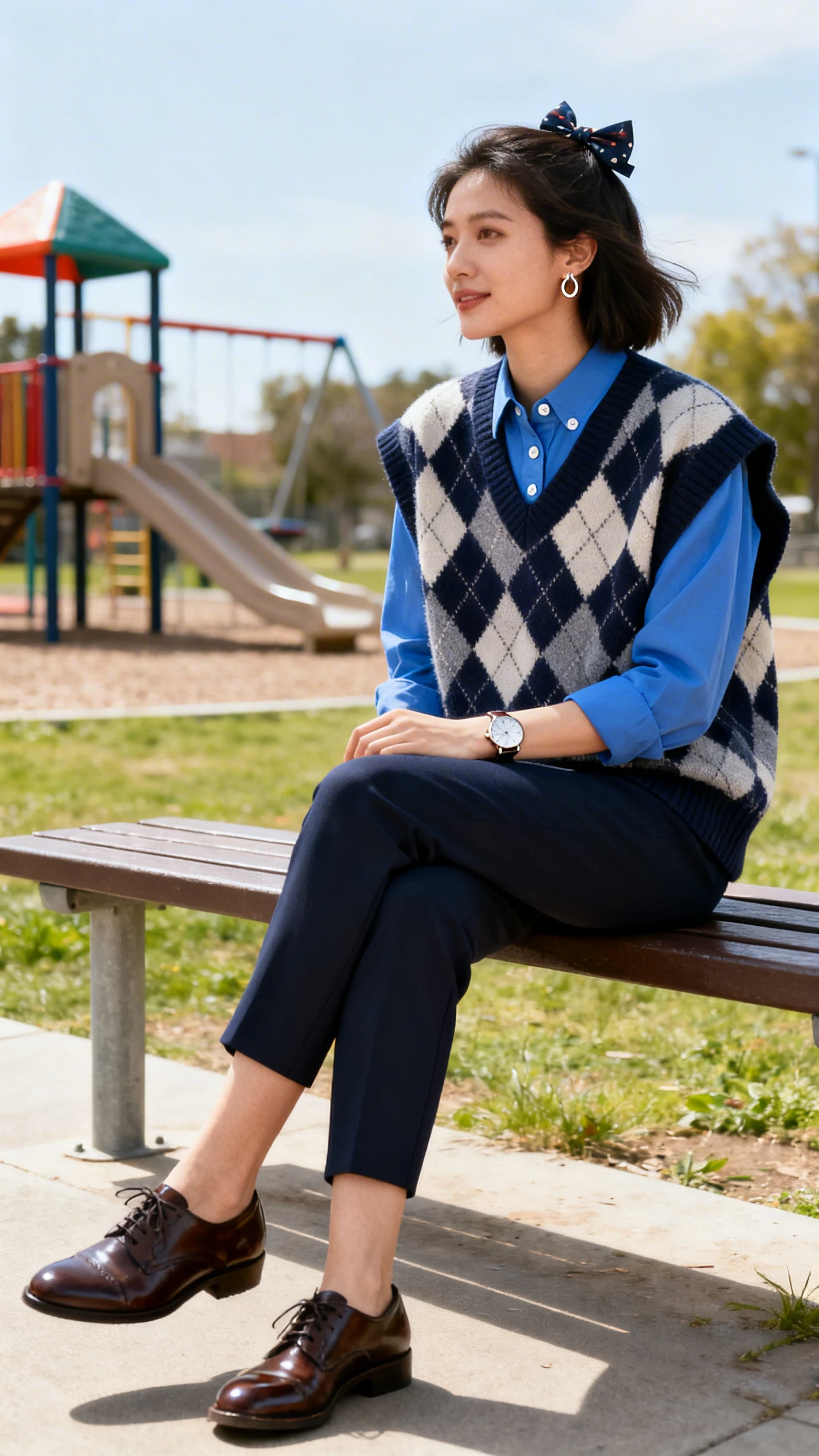 A woman in a boxy argyle sweater vest layered over a blue button-down shirt, slim ankle trousers, polished Oxford shoes, a classic watch, small hoops, and a hair bow, sitting on a bench near an outdoor play area, casual iPhone photo style, natural daylight, outdoor setting.
