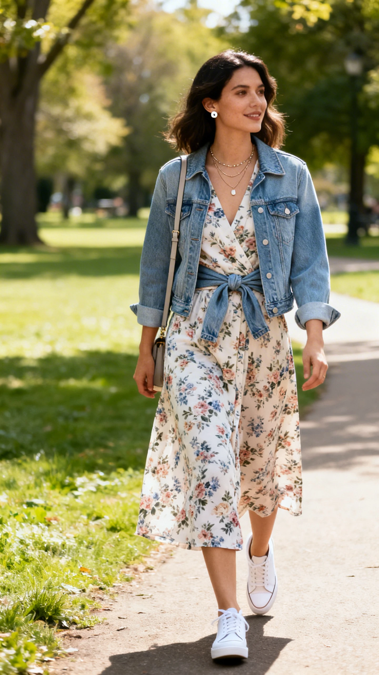 A woman in a floral midi wrap dress with a lightweight denim jacket tied at the waist, crisp white leather sneakers, delicate layered necklaces, stud earrings, and a crossbody bag, strolling along a park path, casual iPhone photo style, sunny day, outdoor setting.
