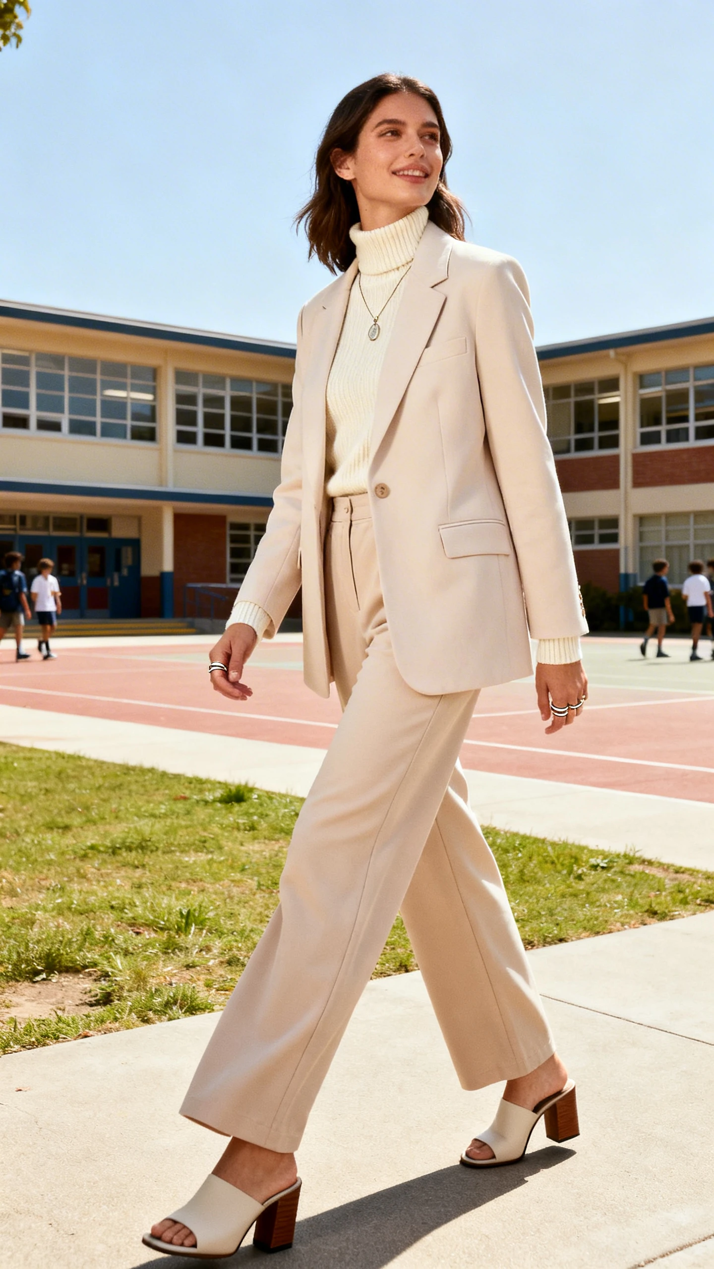 A woman in a matching soft blazer and wide-leg trousers in stretch twill, cream mock-neck knit, block-heel mules, a simple pendant necklace, and thin stacking rings, walking past a school courtyard, casual iPhone photo style, natural daylight, outdoor setting.