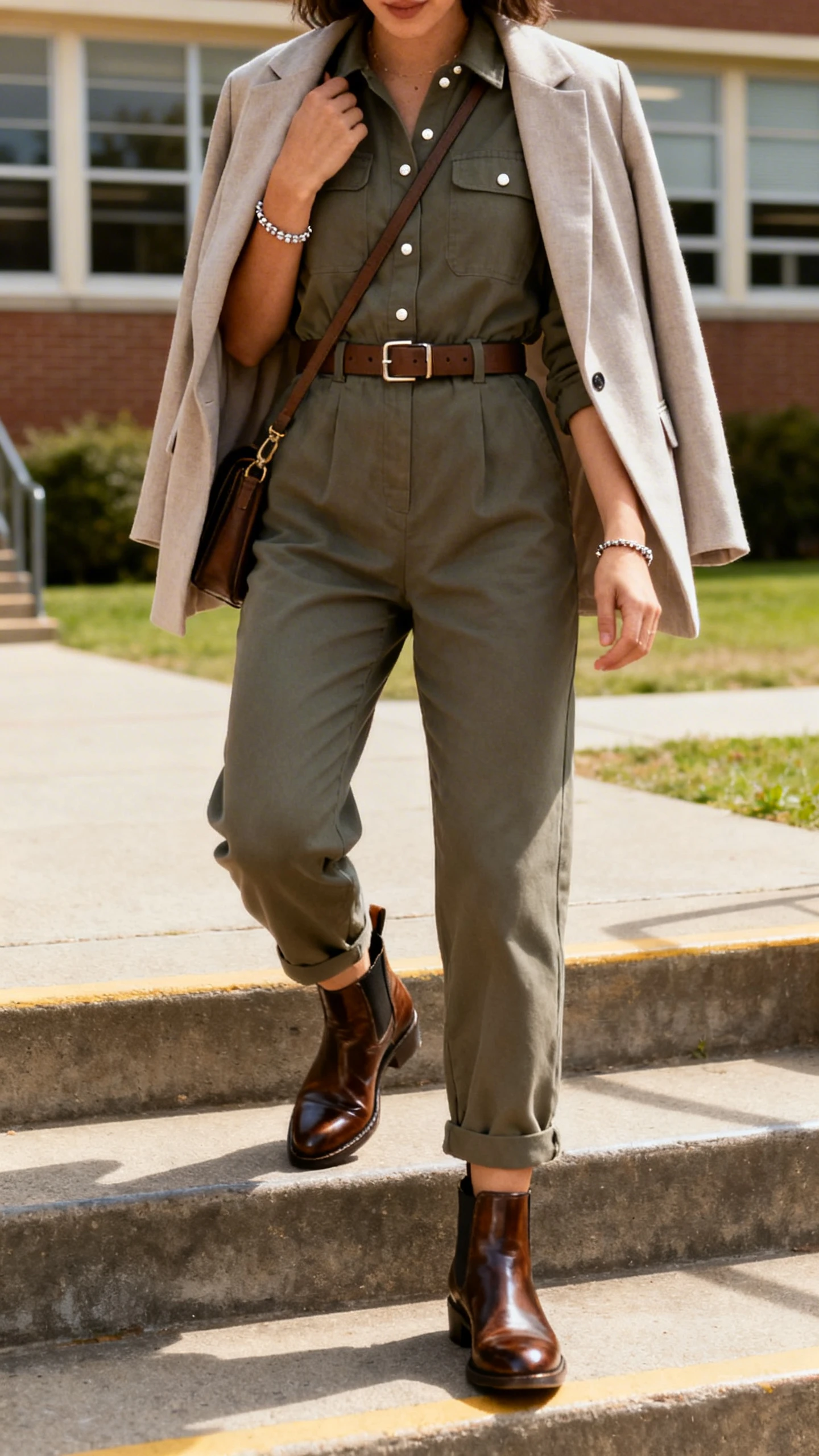 A woman in a structured utility-style jumpsuit with a soft blazer draped over her shoulders, polished Chelsea boots, a subtle waist belt, clean studs, a simple bracelet, and a crossbody bag, stepping onto school steps, casual iPhone photo style, natural daylight, outdoor setting.