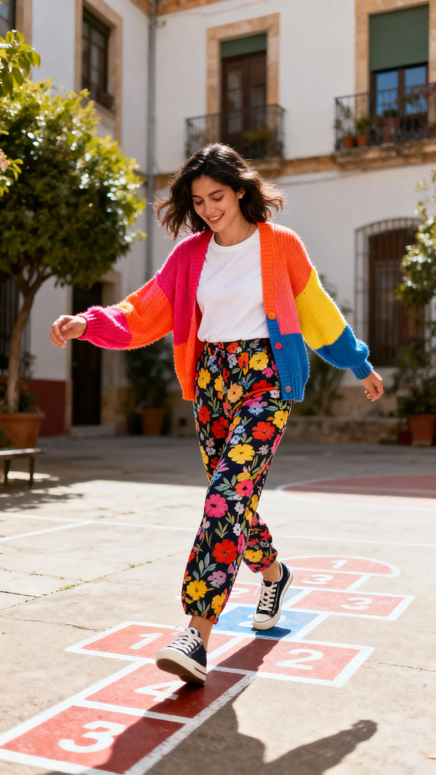 A woman wearing a bright color-pop cardigan over a simple top with printed trousers and sneakers, playfully stepping across hopscotch in a courtyard, casual iPhone photo style, natural daylight, outdoor setting, sunny day.