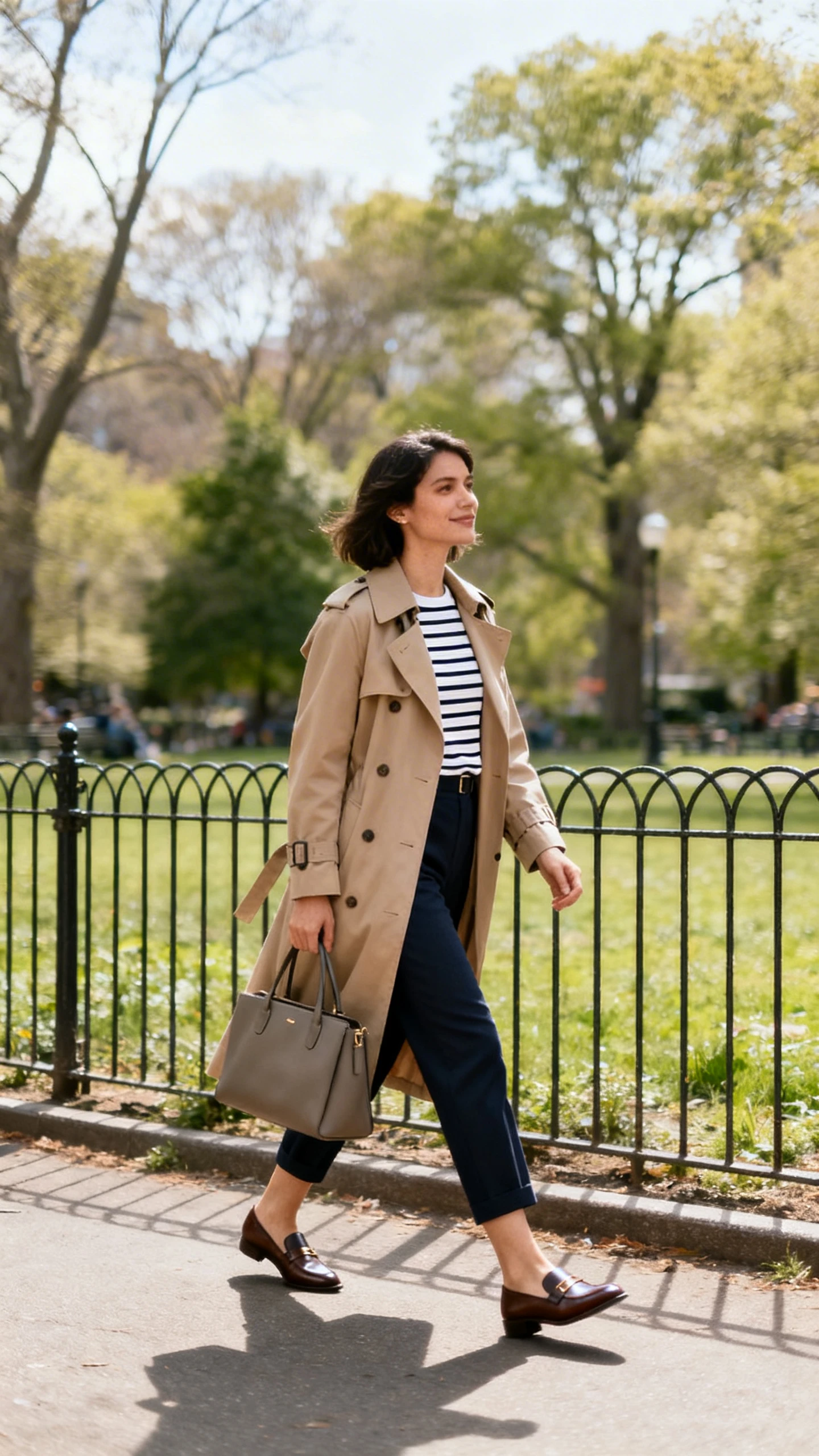 A woman wearing a classic trench coat over a Breton striped top with cropped trousers and loafers, walking past a park fence carrying a structured tote, casual iPhone photo style, natural daylight, outdoor setting, candid angle.