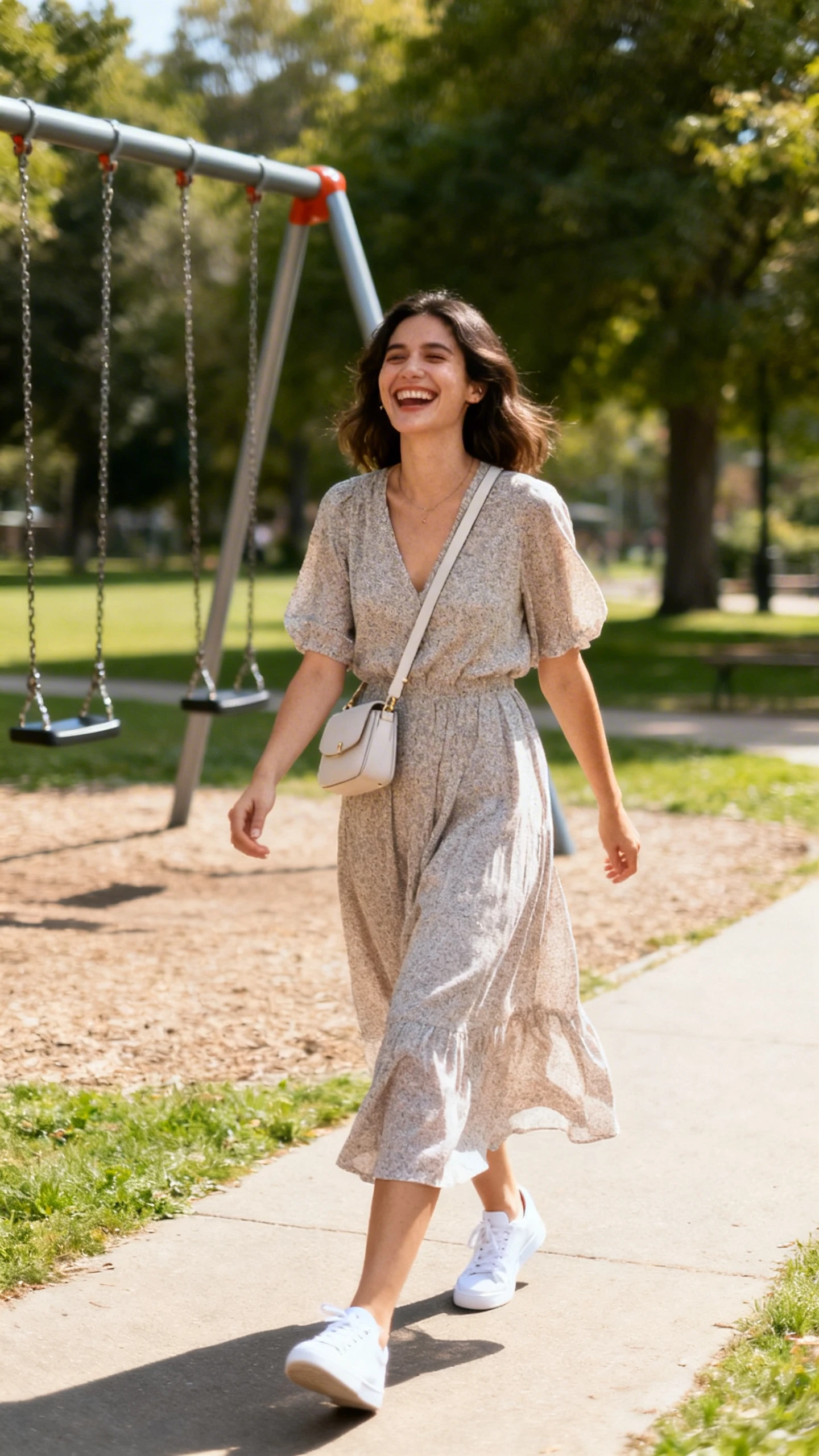 A woman wearing a flowy midi dress with white sneakers and a light crossbody bag, laughing as she walks along a park path by swings, casual iPhone photo style, natural daylight, outdoor setting, sunny day.