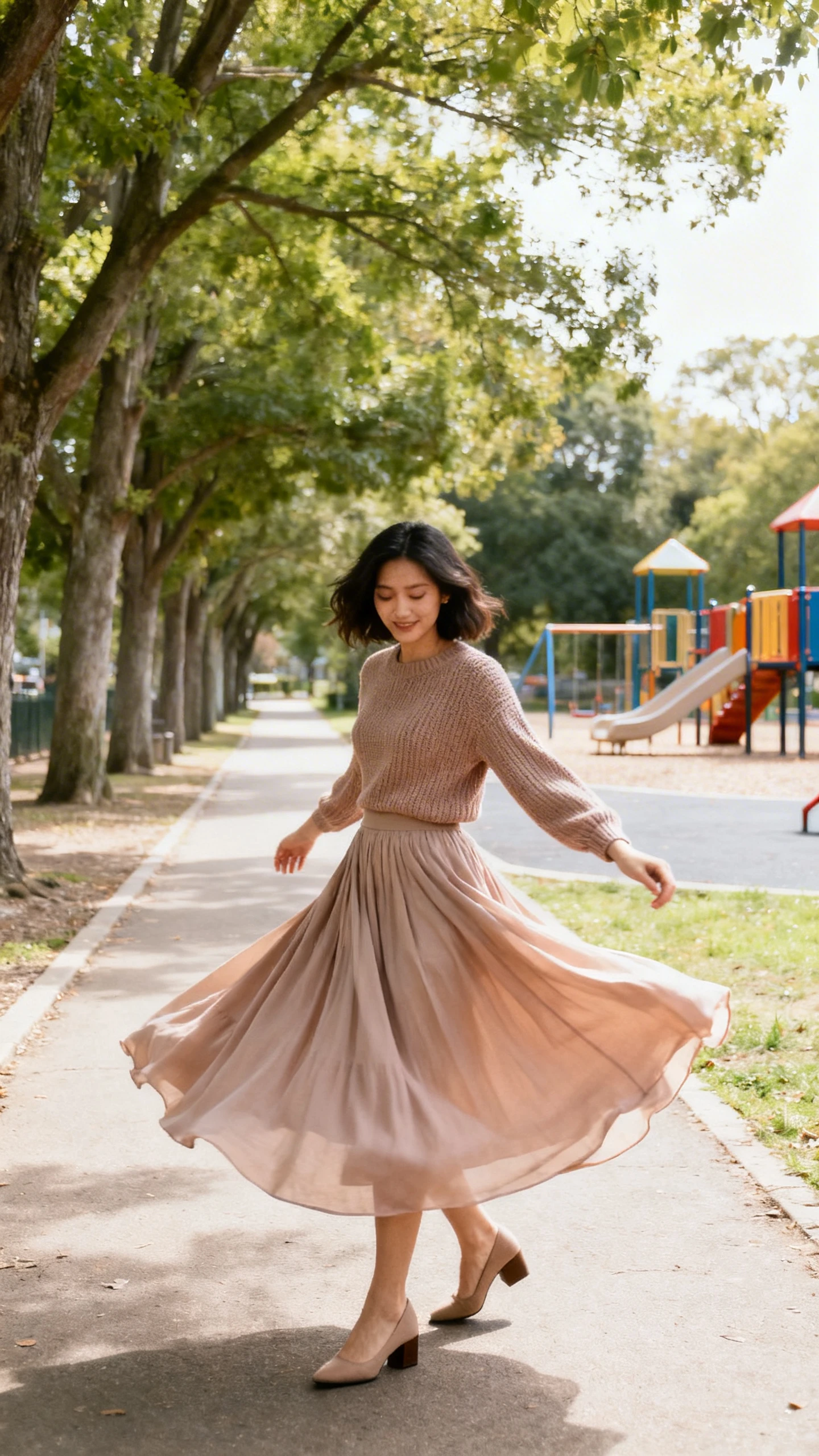 A woman wearing a flowy midi skirt with a fitted knit top and low block heels, twirling lightly on a tree-lined path by a playground, casual iPhone photo style, natural daylight, outdoor setting.