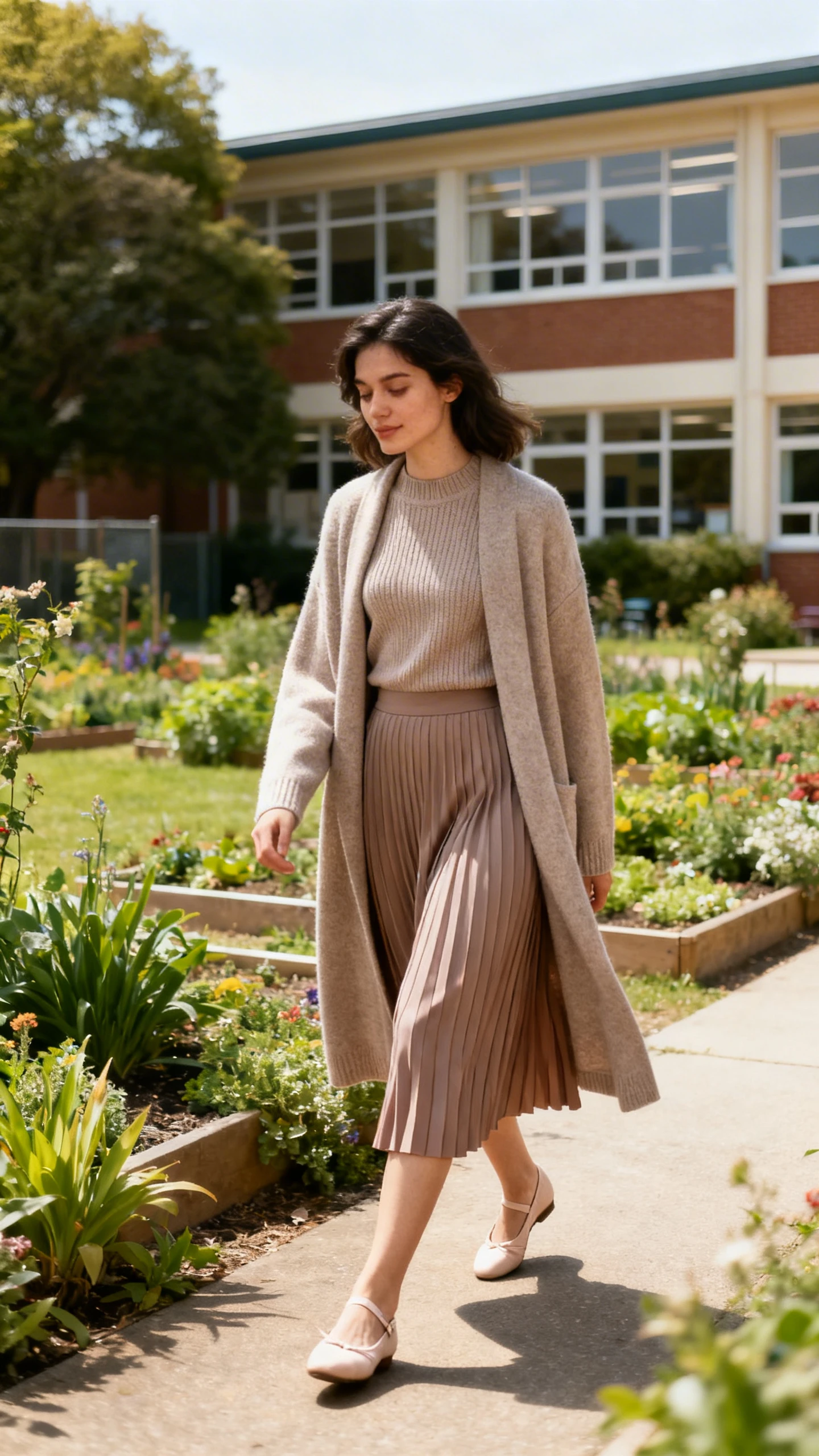 A woman wearing a long cardigan-coat (coatigan) over a pleated midi skirt with a fitted knit top and ballet flats, strolling by a school garden, casual iPhone photo style, natural daylight, outdoor setting, soft candid look.