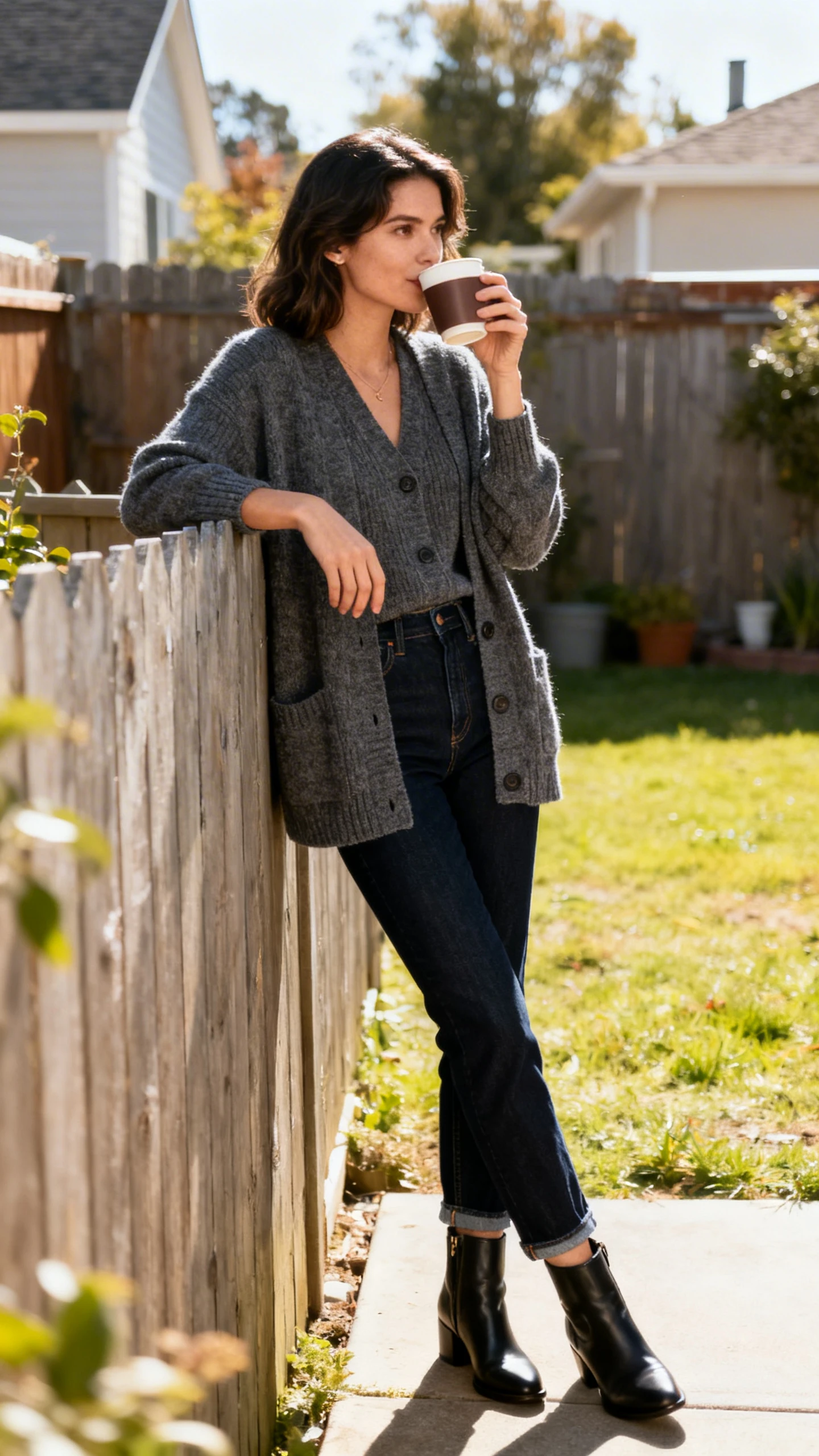 A woman wearing a matching cardigan set with dark denim and ankle boots, sipping coffee while leaning on a backyard fence, casual iPhone photo style, sunny day, outdoor setting.