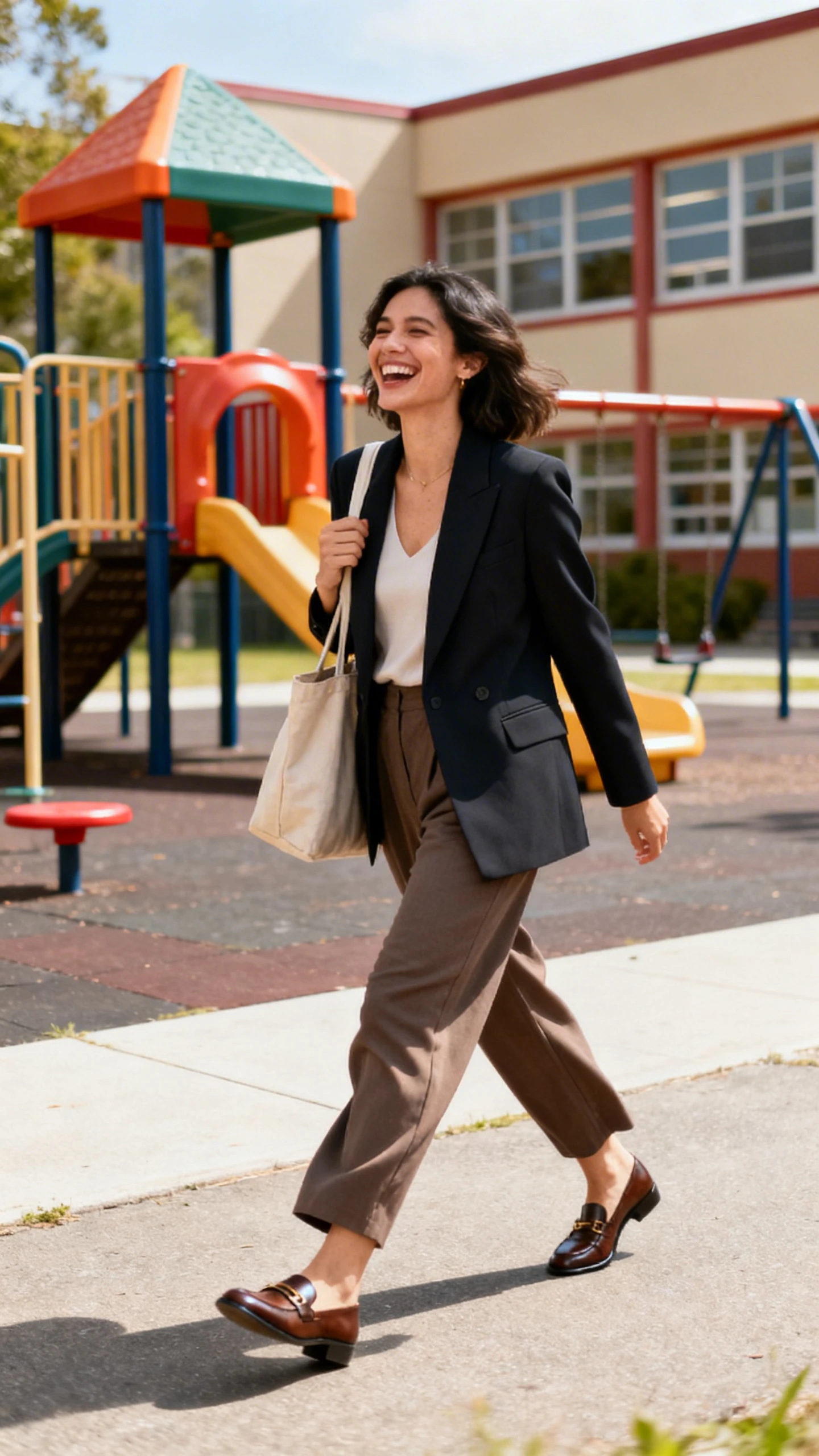 A woman wearing a sharp power blazer with relaxed trousers and loafers, carrying a tote and laughing while walking past a school playground, casual iPhone photo style, natural daylight, outdoor setting.
