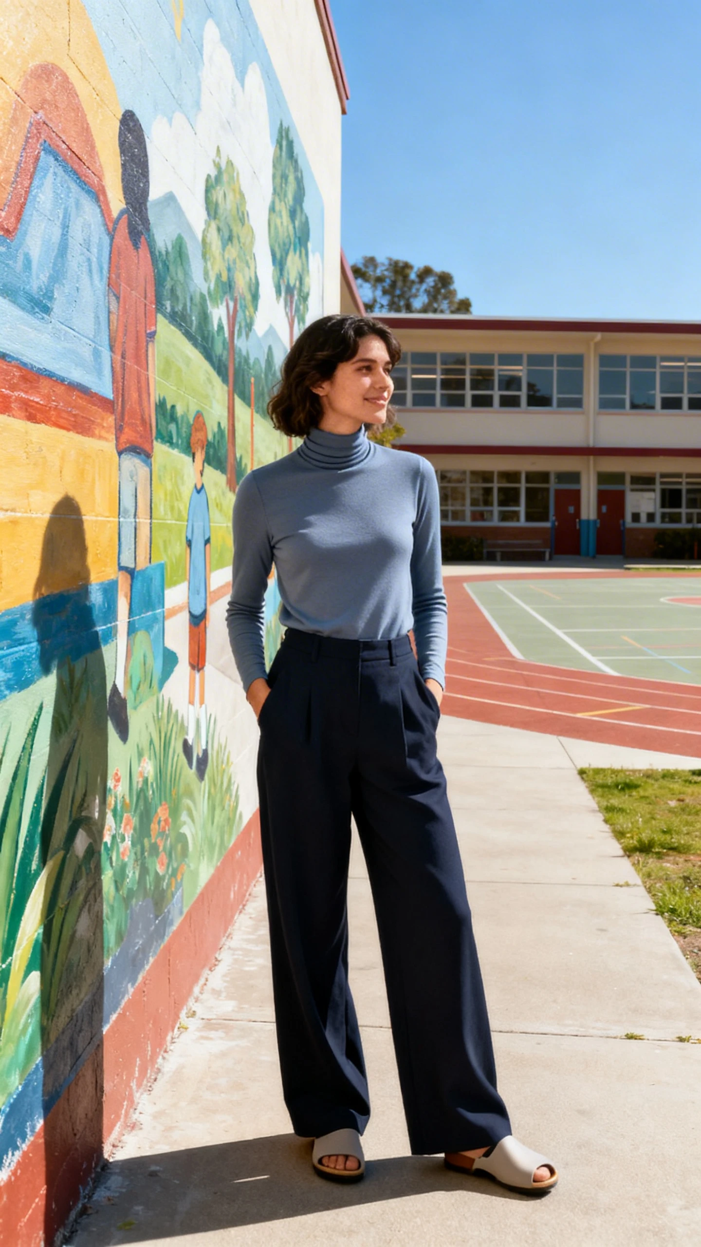 A woman wearing a sleek turtleneck with wide-leg trousers and clogs, standing by a mural near a school courtyard, hands in pockets, casual iPhone photo style, sunny day, outdoor setting.