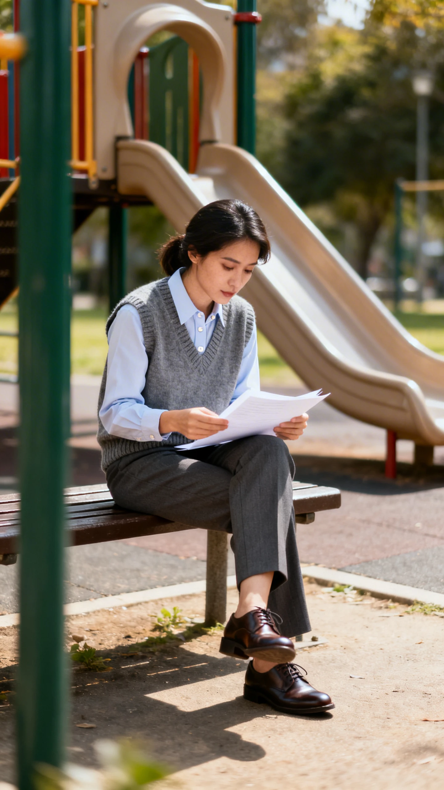 A woman wearing a sweater vest layered over a crisp button-up shirt with tailored trousers and oxford shoes, sitting on a bench near a playground slide reviewing papers, casual iPhone photo style, natural daylight, outdoor setting.