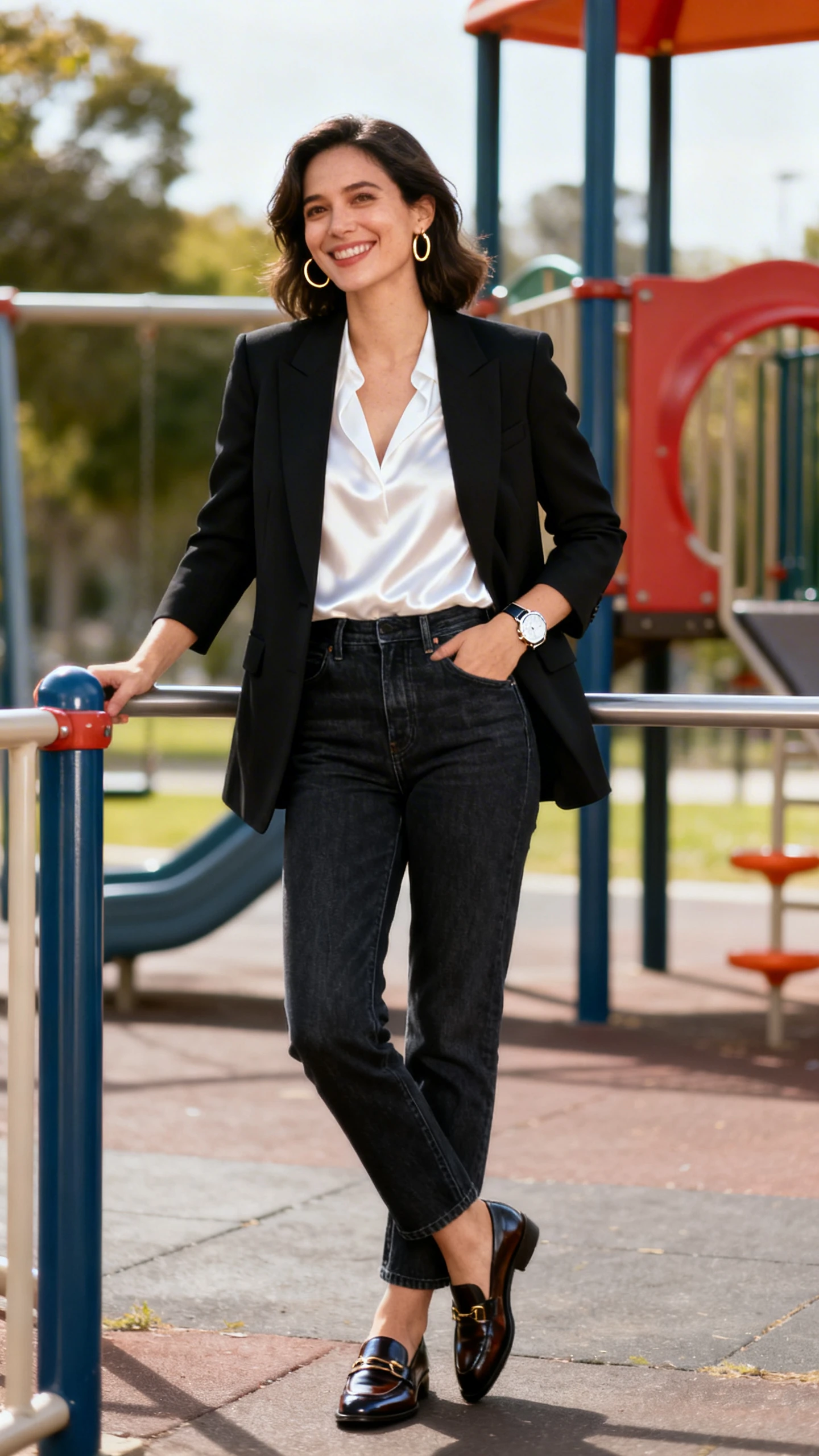 A woman wearing a tailored black blazer over a white silk-feel blouse, high-rise dark-wash straight jeans, polished loafers, minimal gold hoop earrings, and a sleek watch, smiling while leaning on a playground railing, casual iPhone photo style, natural daylight, outdoor setting.