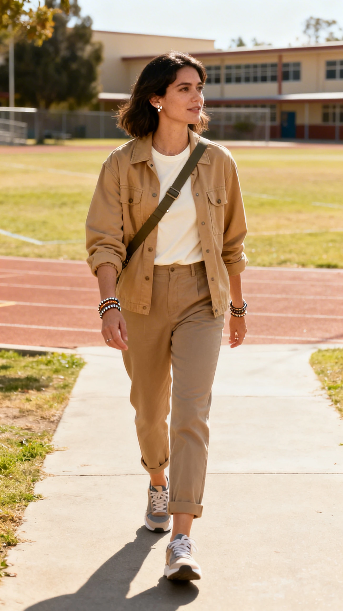 A woman wearing a tan utility jacket over a high-quality cream tee, straight-leg ankle chinos, comfort sneakers, a functional crossbody, simple studs, and stackable bracelets, walking a schoolyard path, casual iPhone photo style, sunny day, outdoor setting.