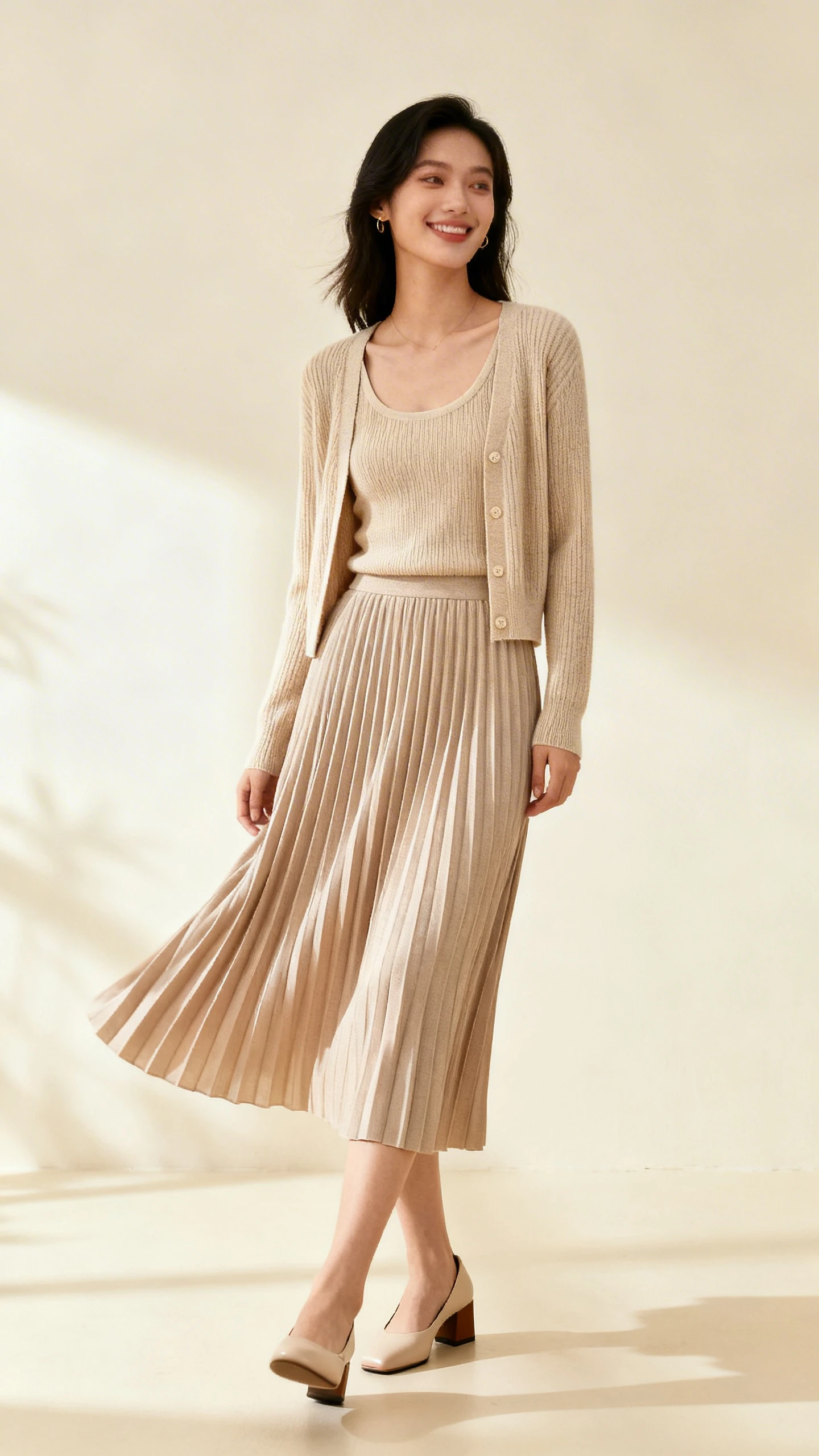 Editorial studio photo of a woman wearing a cardigan set (matching knit tank and cardigan) with a pleated midi skirt and low block heels, cream background, soft studio lighting, gentle movement in the skirt, clean composition.