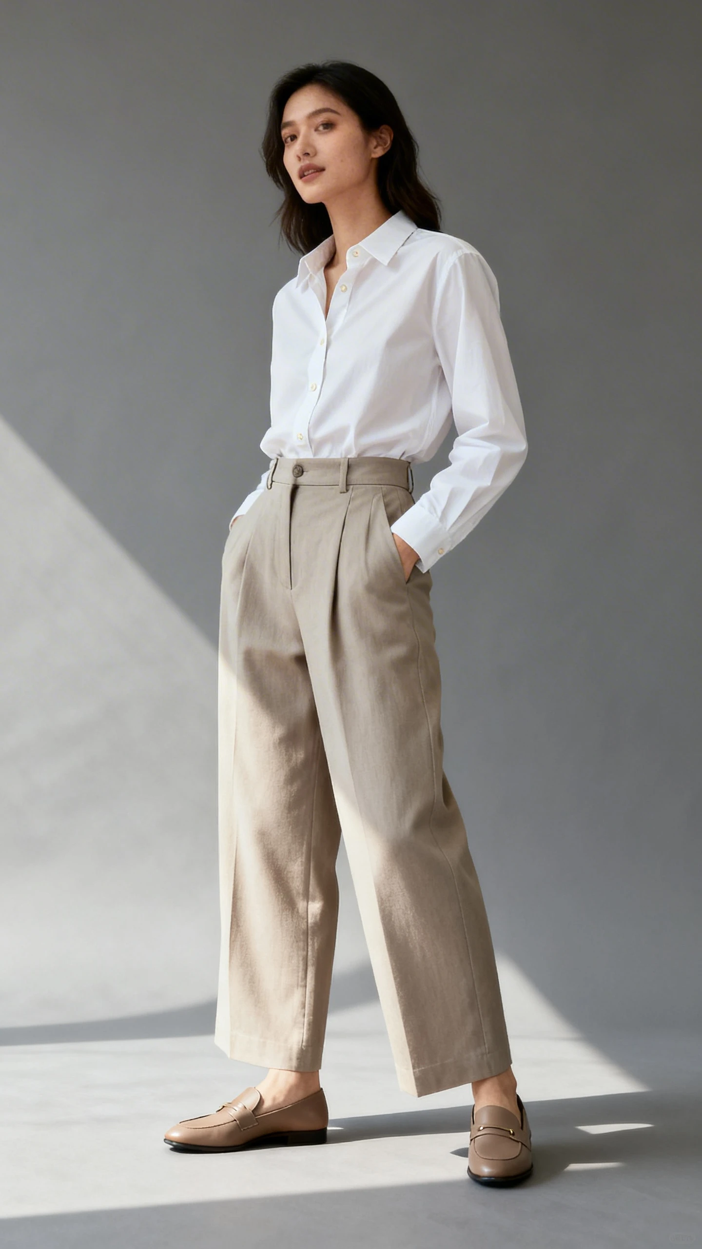 Editorial style photo of a woman wearing a crisp button-up shirt tucked into high-waisted wide-leg trousers with minimalist leather loafers, gray background, soft studio lighting, slight three-quarter angle, clean and polished composition.