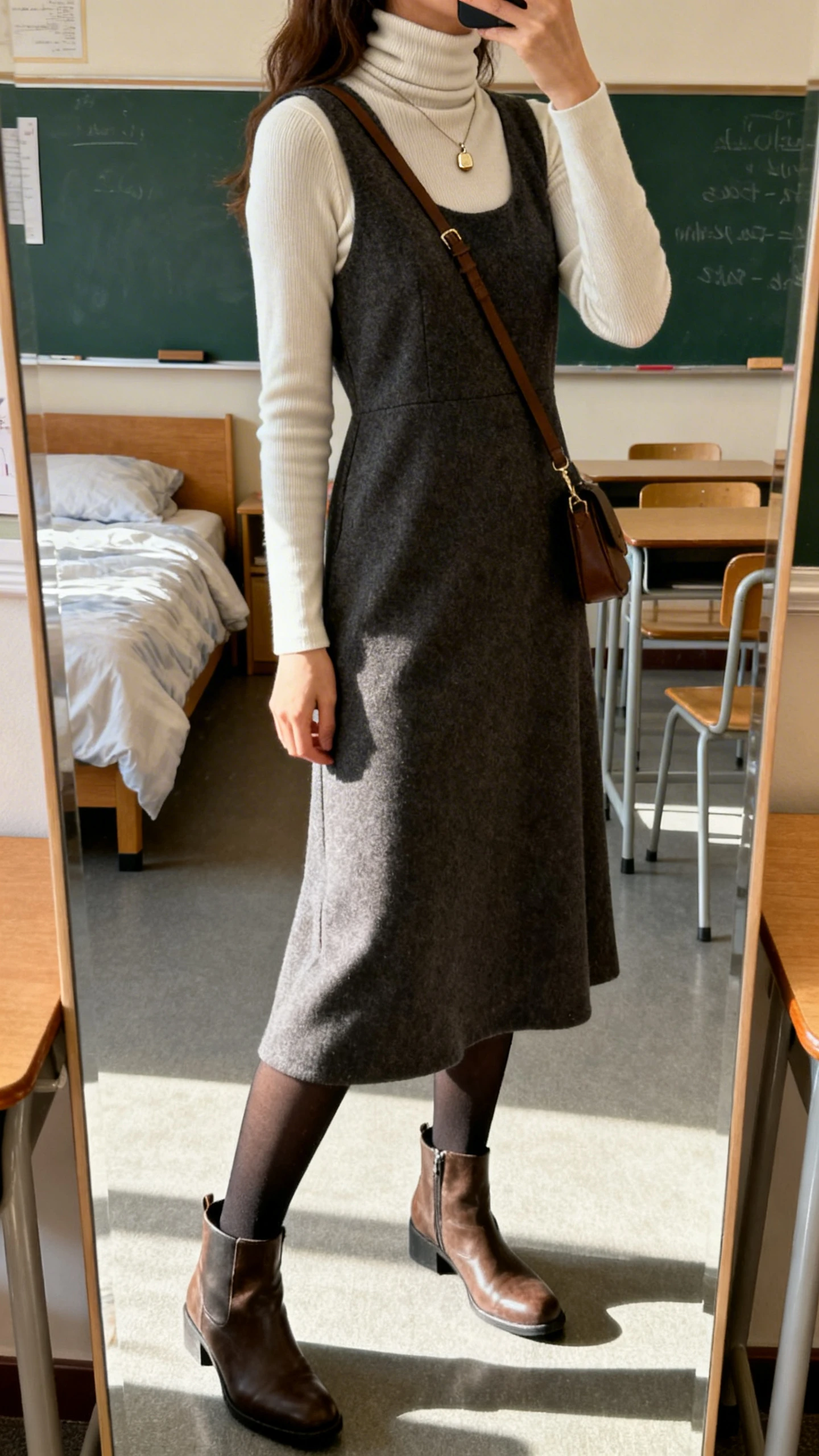 iPhone back/side view of a woman layering a fitted turtleneck under a sleeveless midi dress, tights, ankle boots, small pendant, crossbody bag, face not visible, classroom-like bedroom mirror, afternoon indoor light, iPhone photo quality.