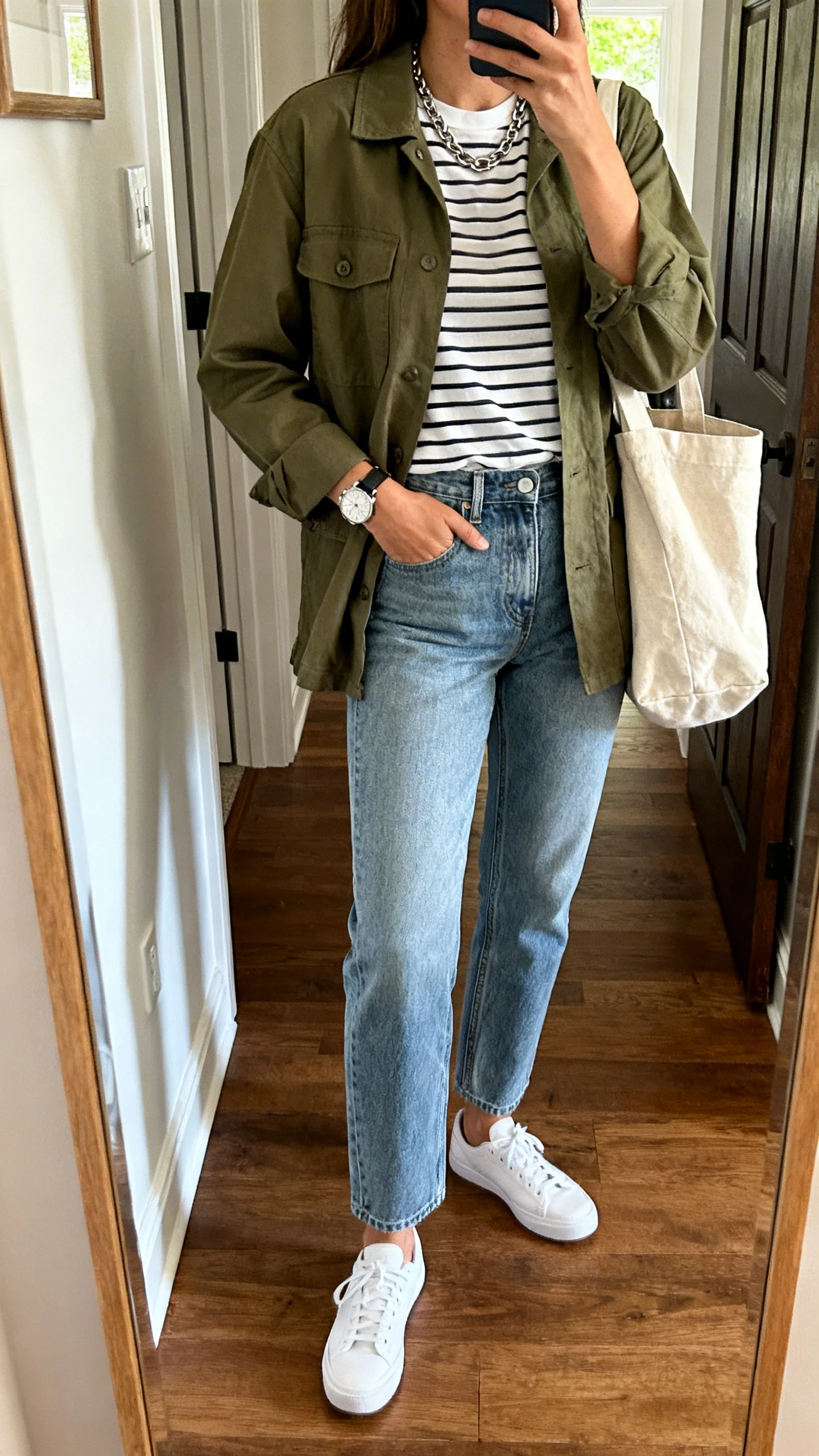 iPhone back-view mirror selfie of a woman wearing an olive cotton chore jacket, mid-rise straight-leg jeans in a clean wash, a crisp striped tee, classic white sneakers, a simple chain necklace with a watch, and a roomy canvas tote, face not visible, entryway full-length mirror, natural daylight, iPhone photo quality.