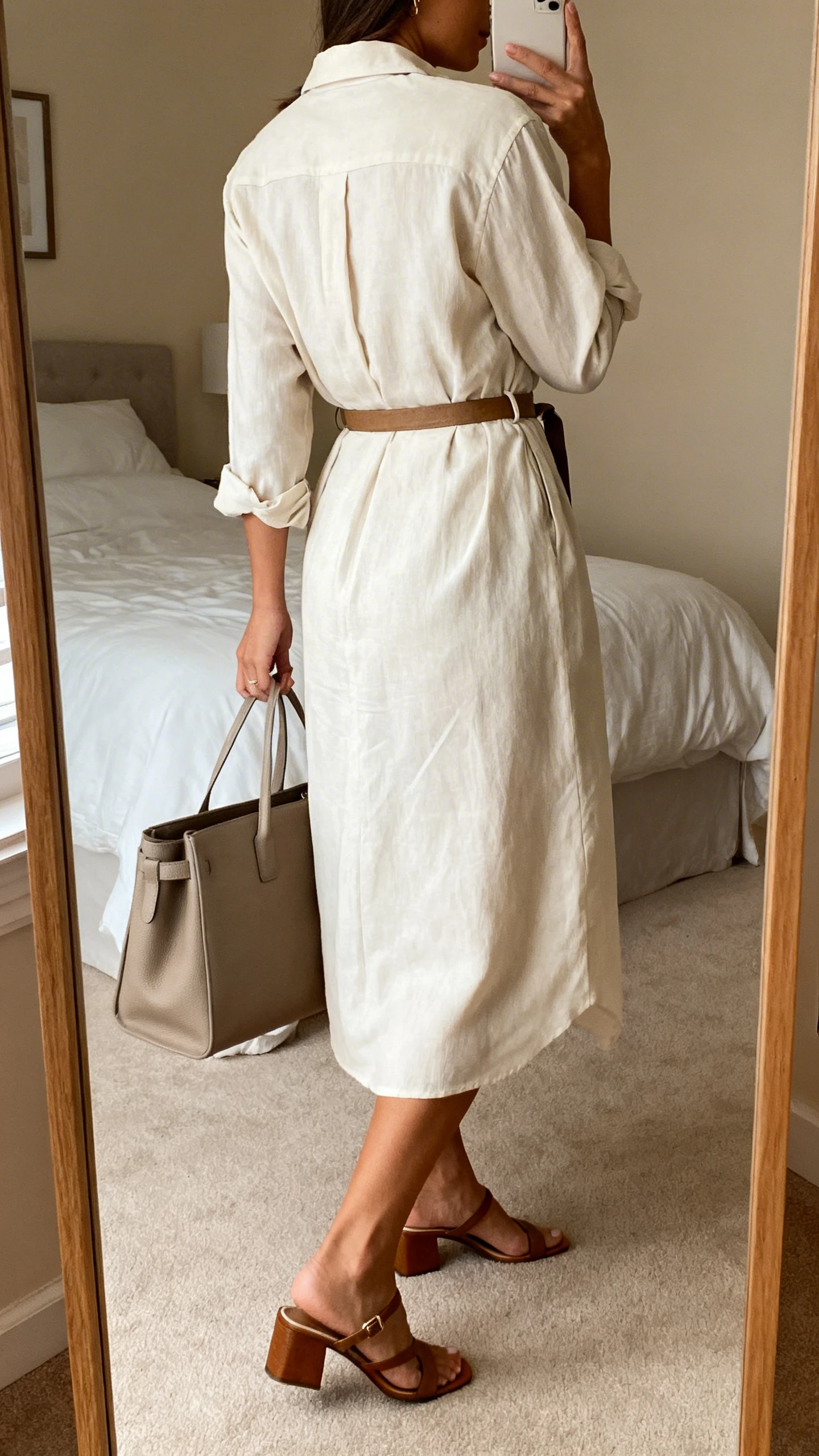 iPhone back-view mirror shot of a woman wearing a soft shirt dress cinched with a belt, low block-heel sandals, and a structured tote, face not visible, bedroom mirror, warm indoor lighting, iPhone photo quality.