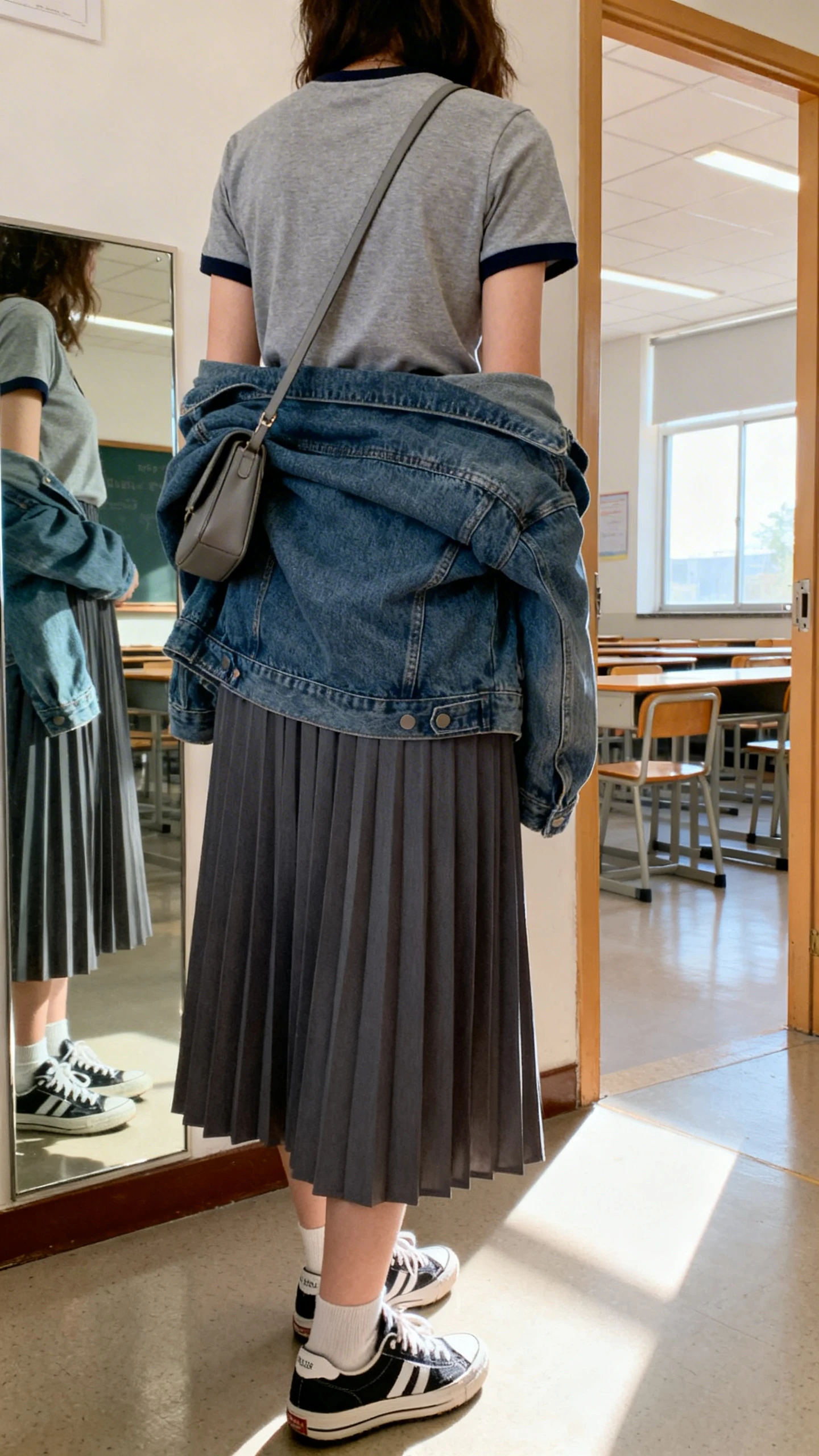iPhone back view of a woman in a pleated midi skirt with a tucked-in crew tee, classic sneakers, denim jacket draped over shoulders, and a simple crossbody, face not visible, classroom mirror or doorway reflection, bright indoor light, iPhone photo quality.