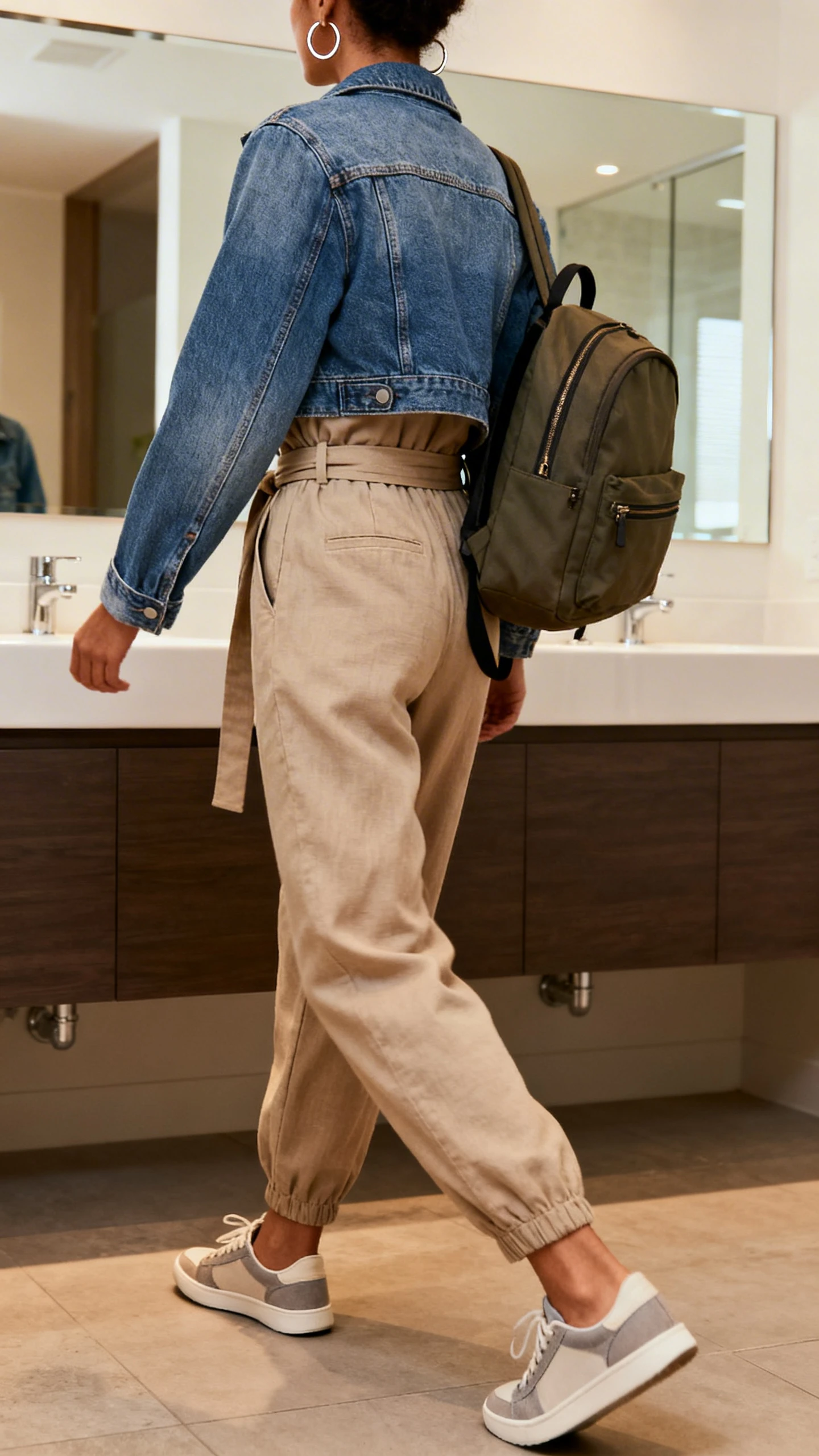 iPhone back view of a woman in a relaxed-fit belted jumpsuit with a denim jacket layered over it, comfortable low-profile sneakers, simple hoop earrings, and a functional backpack, face not visible, walking pose past a bathroom mirror, indoor lighting, iPhone photo quality.