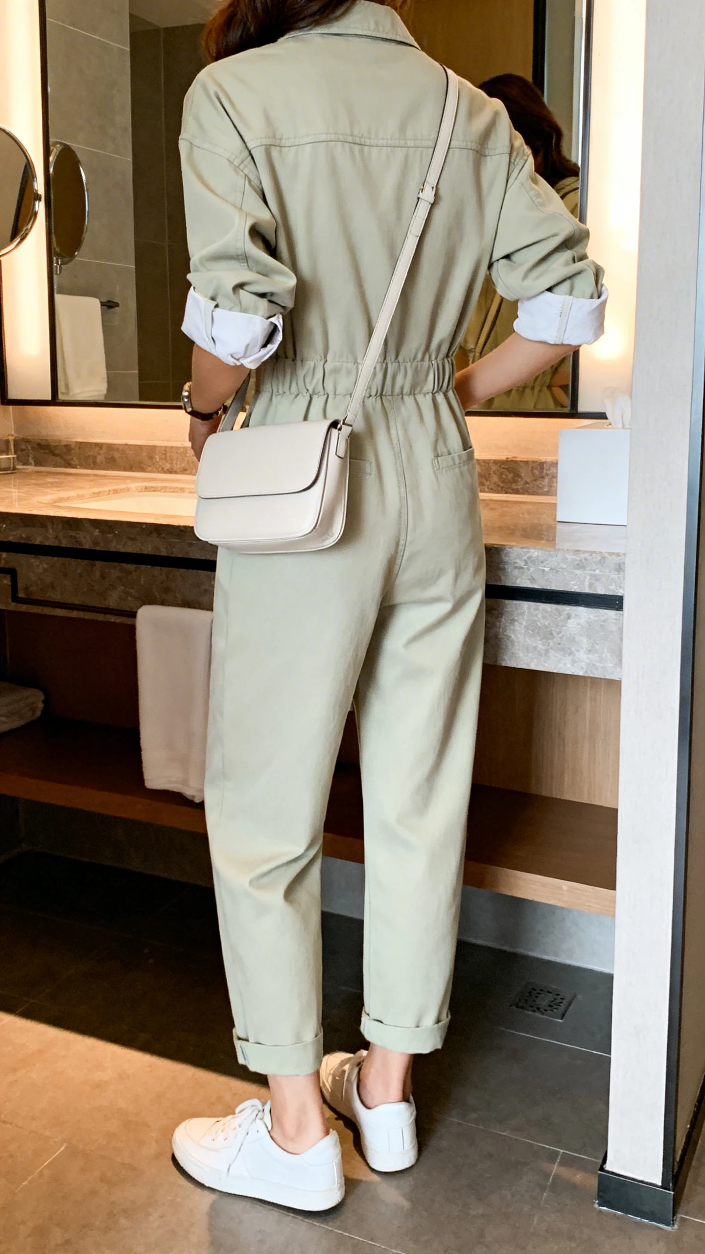 iPhone back view of a woman in a soft utility jumpsuit with white sneakers and a simple crossbody bag, sleeves rolled, face not visible, bathroom mirror, indoor lighting, iPhone photo quality.