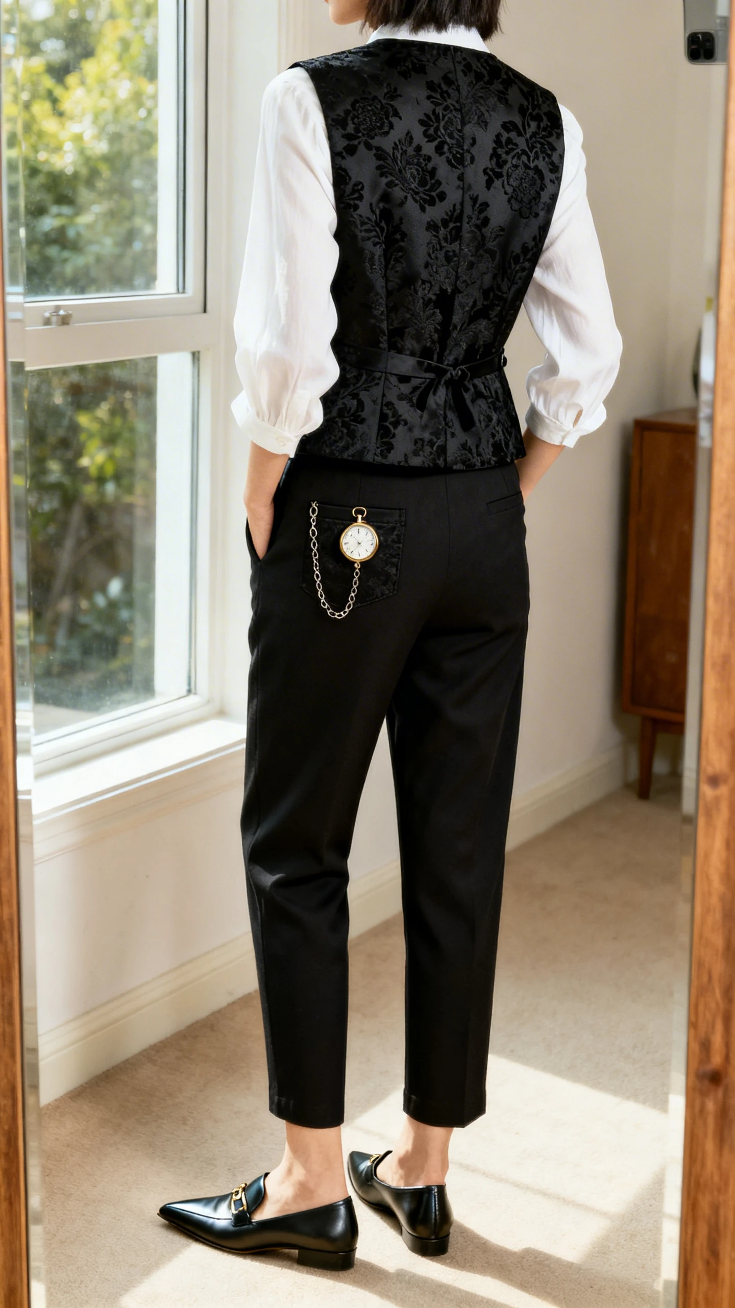 iPhone back view of a woman wearing a black brocade waistcoat over a white blouse, cropped black trousers, pointed loafers, pocket watch chain detail, face not visible, taken in a full-length mirror by a window, soft daylight, iPhone photo quality