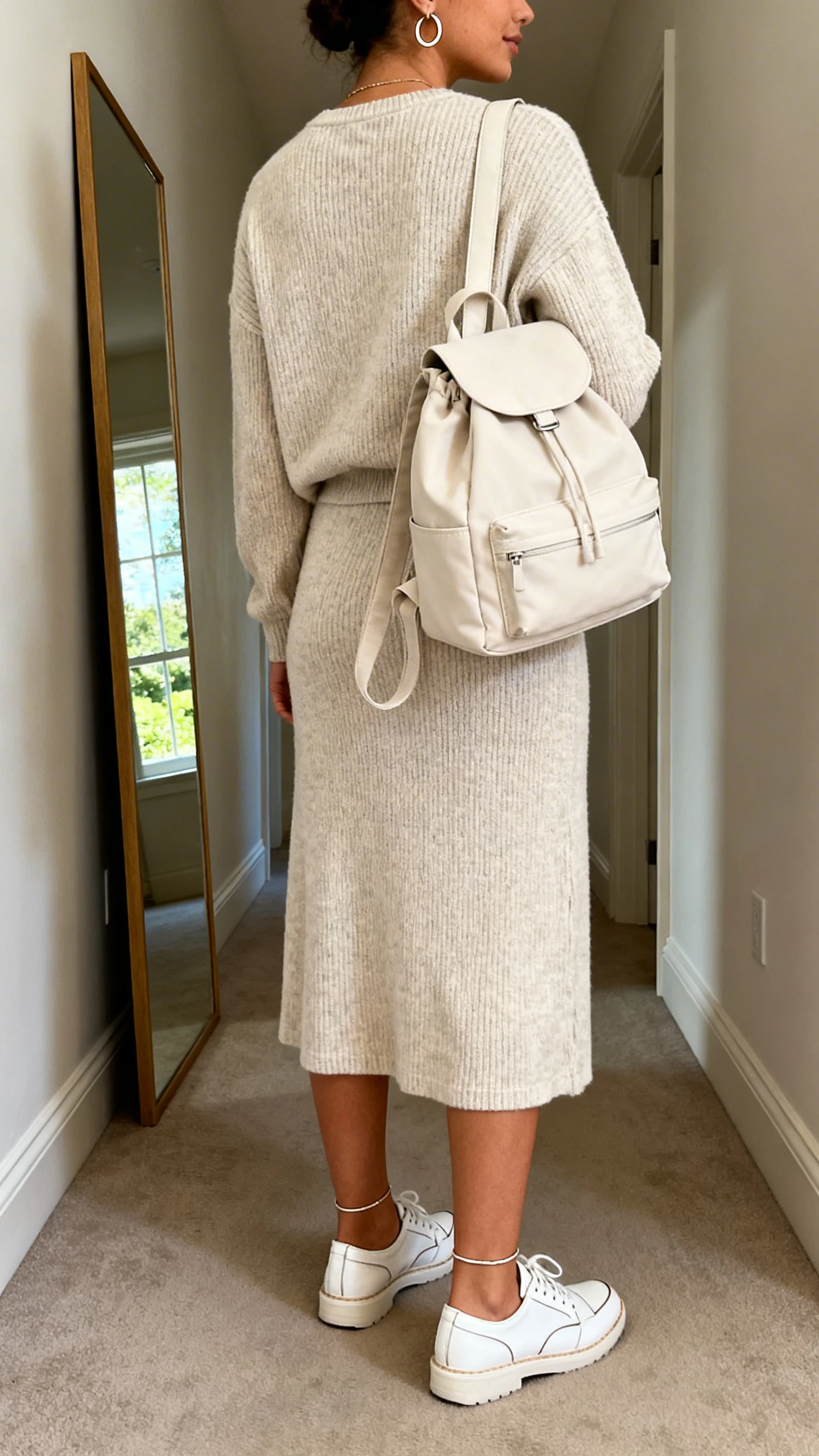 iPhone back view of a woman wearing a matching lightweight knit set (top and midi skirt) with crisp white leather sneakers, minimalist hoop earrings, a convertible backpack tote, and a thin anklet, face not visible, hallway full-length mirror with natural daylight, iPhone photo quality.