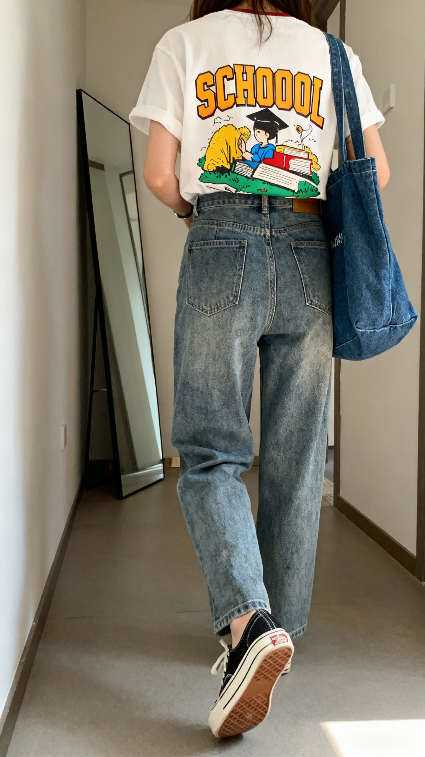 iPhone back view of a woman wearing medium-wash denim jeans and a playful graphic tee with bold school-friendly print, slip-on canvas sneakers, and a denim-friendly tote, face not visible, walking pose, hallway mirror, natural daylight, iPhone photo quality.
