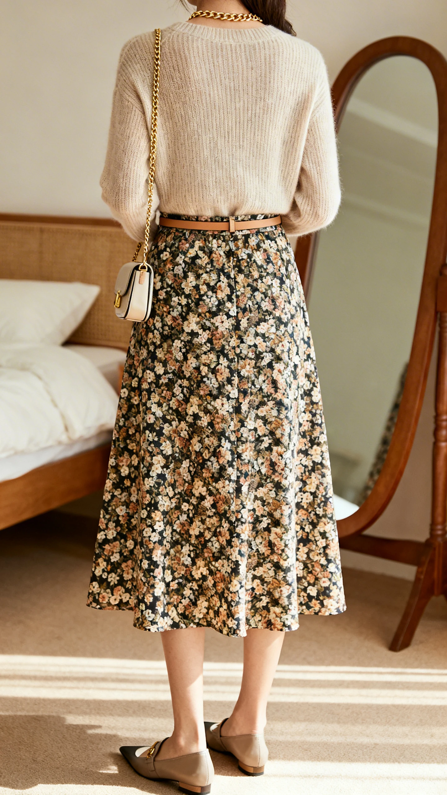 iPhone back-view photo of a woman wearing a floral printed midi skirt, fine-knit solid crewneck sweater, pointed-toe flats, thin belt at the waist, gold chain necklace, and a compact shoulder bag, face not visible, bedroom mirror, gentle morning light, iPhone photo quality.