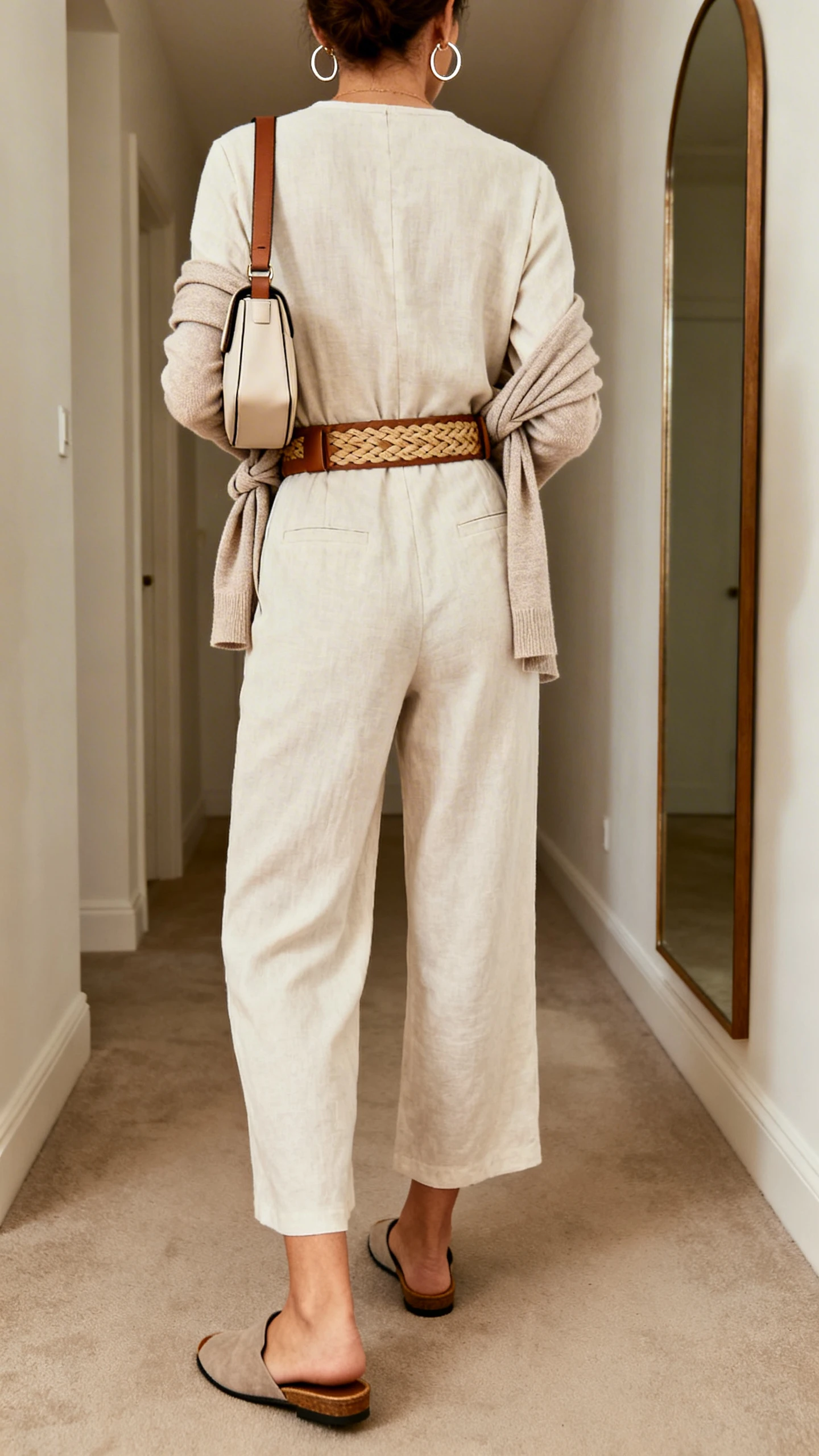 iPhone back-view photo of a woman wearing a lightweight ankle-length jumpsuit with a woven/leather belt, comfortable slip-on mules, simple hoop earrings, a crossbody or small structured backpack, and a thin cardigan tied around the straps, face not visible, hallway mirror, natural indoor lighting, iPhone photo quality.