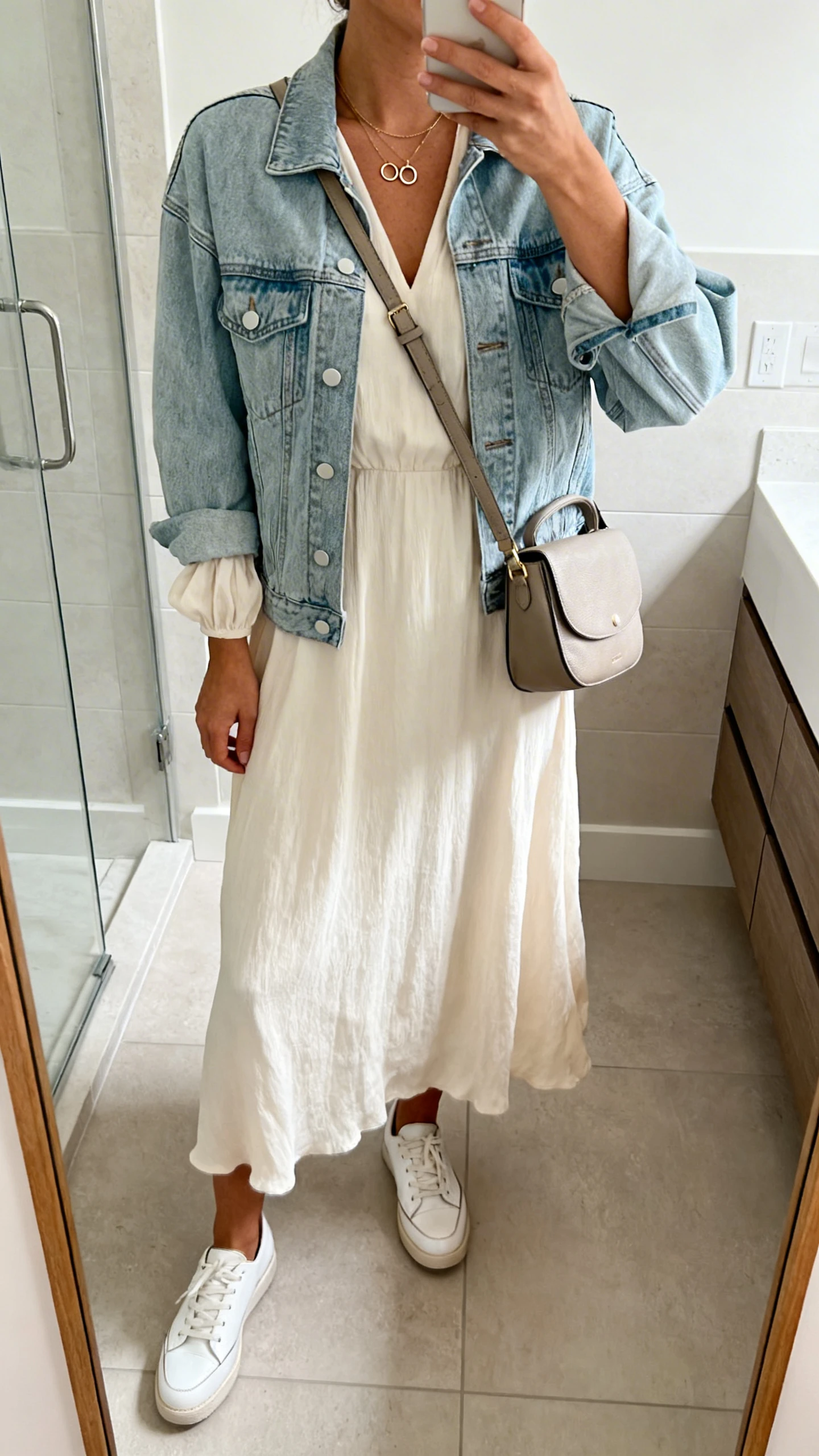 iPhone mirror selfie of a woman in a flowy midi dress with sleeves, white leather sneakers, a lightweight denim jacket, a subtle pendant necklace with small hoops, and a crossbody carryall bag, face not visible, bathroom mirror, natural indoor light, iPhone photo quality.