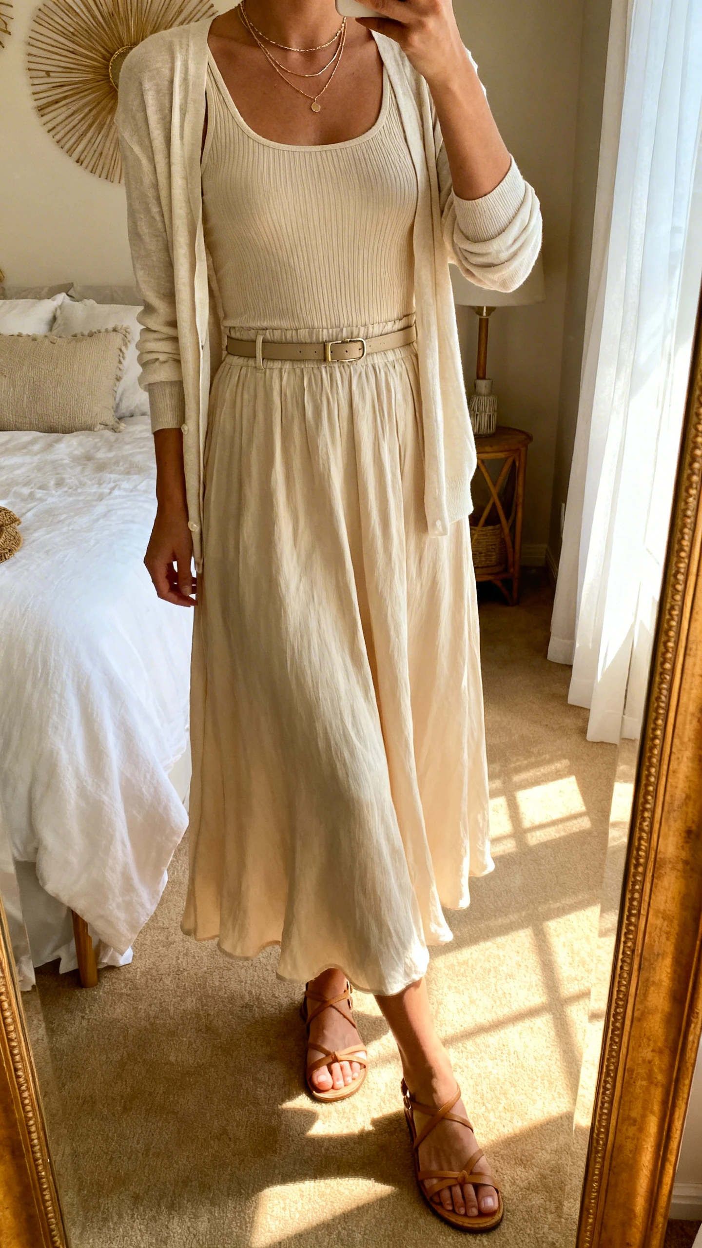 iPhone mirror selfie of a woman in a flowy midi skirt with a body-skimming ribbed tank and a lightweight cardigan, strappy flat sandals, dainty layered necklaces, and an optional slim belt, face not visible, cropped at shoulders in a bedroom mirror, soft afternoon window light, iPhone photo quality.