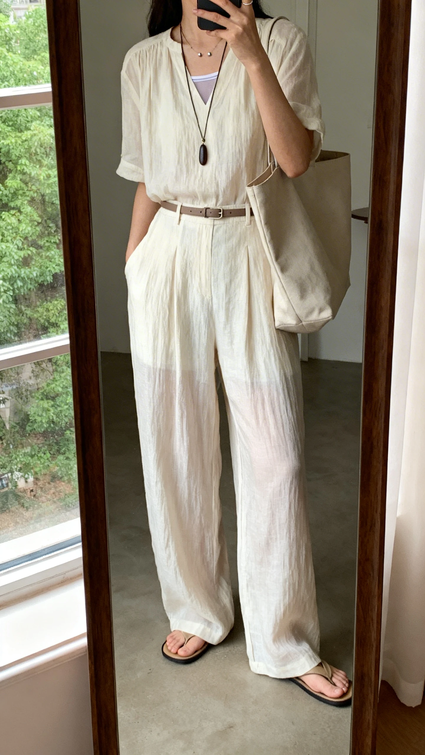 iPhone mirror selfie of a woman in a lightweight airy jumpsuit with wide legs, flat slides, a thin belt (optional), simple studs, a long pendant, a roomy tote, and breathable undershorts noted, face not visible, cropped at shoulders in a full-length mirror by a window, natural daylight, iPhone photo quality.