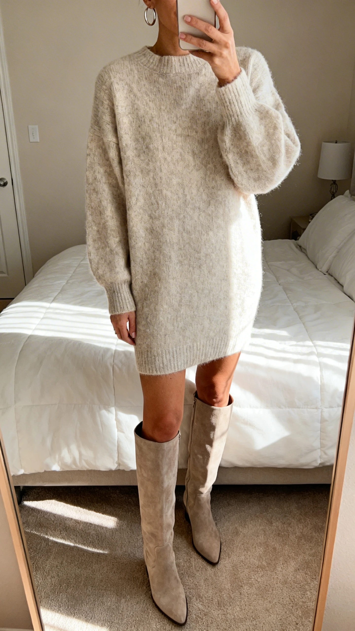 iPhone mirror selfie of a woman in a luxe sweater dress with tall knee-high boots and minimal hoop earrings, face not visible, cropped at shoulders, bedroom mirror, soft afternoon light, iPhone photo quality