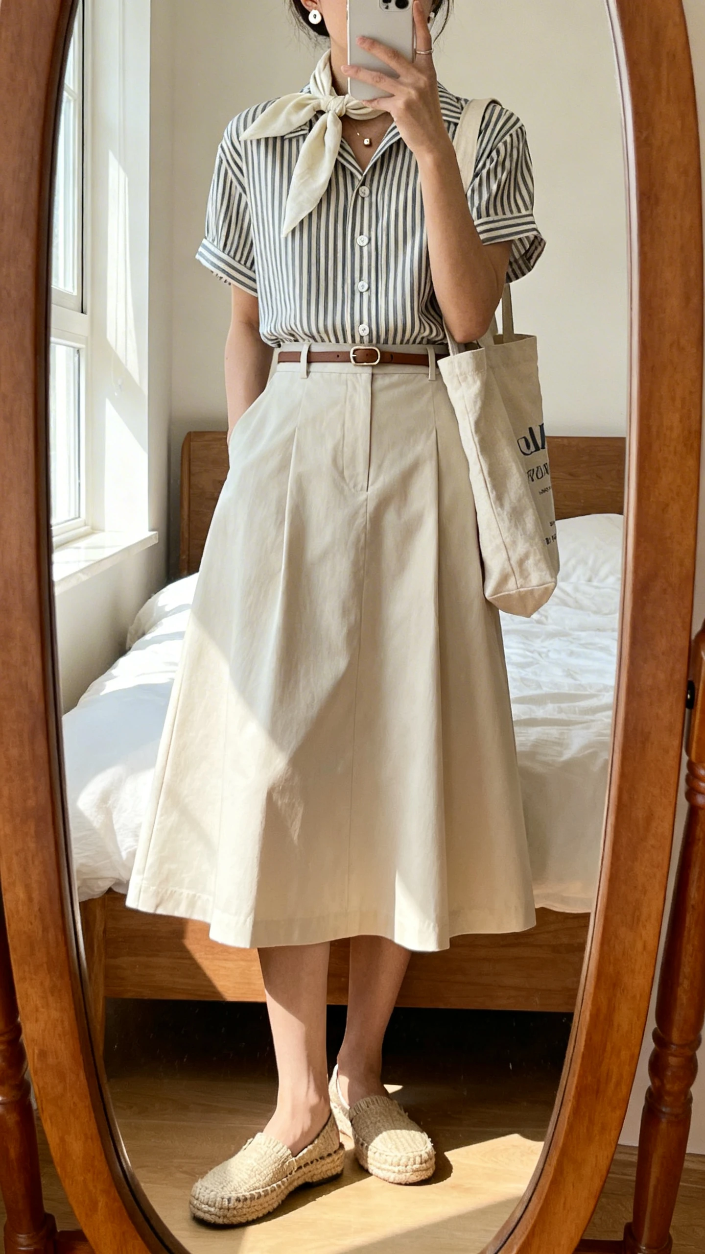 iPhone mirror selfie of a woman in an A-line skirt (knee to midi, cotton/poplin) with a striped short-sleeve button-front top tucked in, espadrilles, a thin belt, small studs, a light scarf tied at the neck, and a canvas tote, face not visible, cropped at neck, bedroom mirror, morning window light, iPhone photo quality.