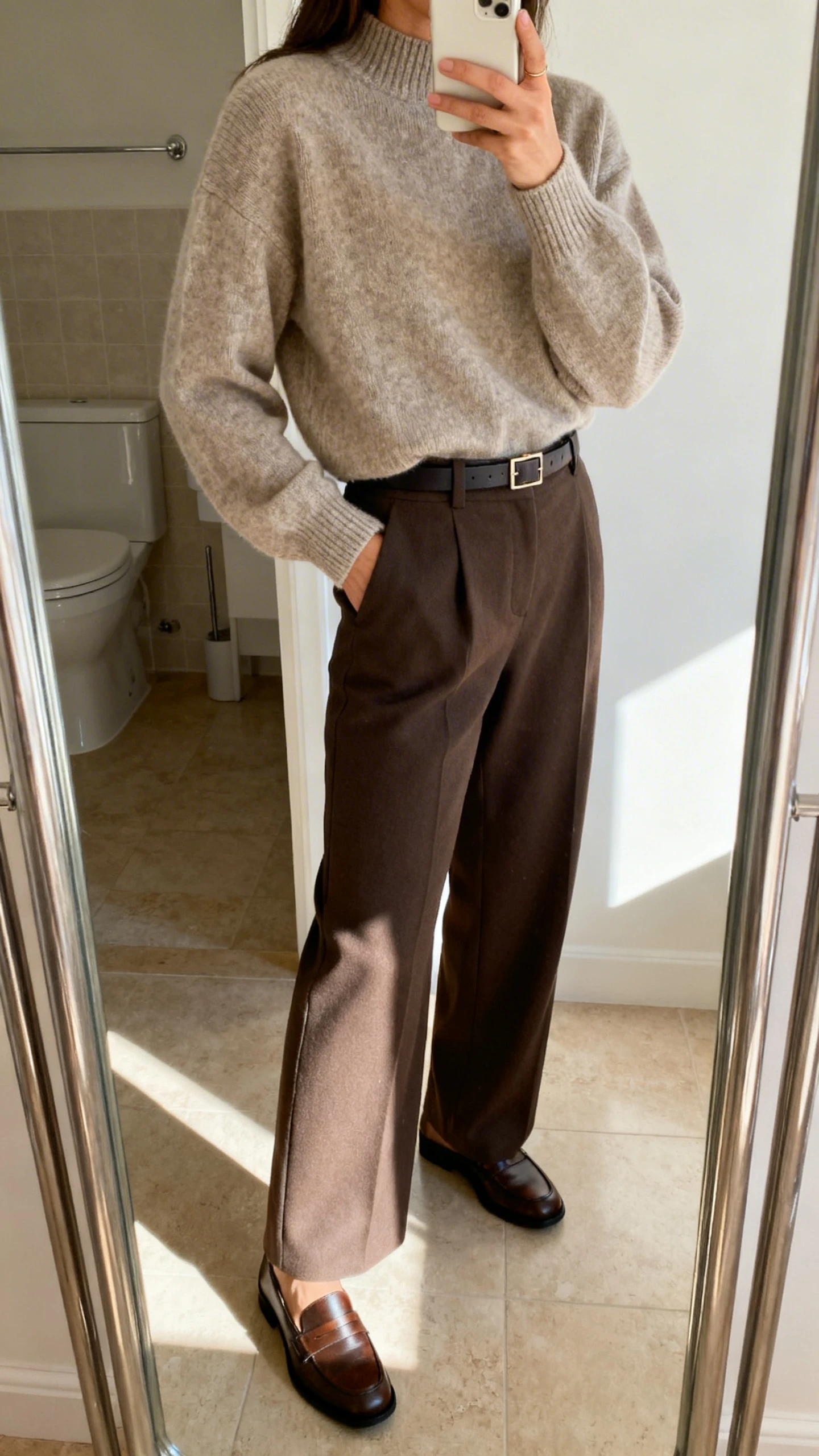iPhone mirror selfie of a woman in an elevated crewneck sweater tucked into wide-leg trousers with loafers and a slim belt, face not visible, side angle, bathroom full-length mirror, morning light, iPhone photo quality