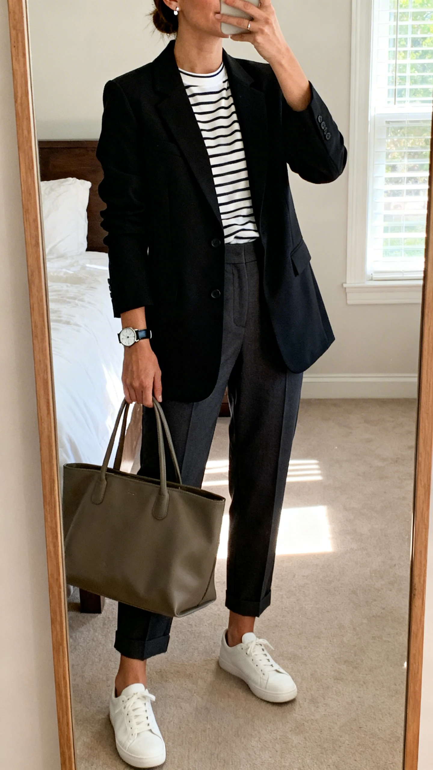 iPhone mirror selfie of a woman wearing a black structured blazer over a striped crewneck tee, high-rise ankle trousers, minimal white sneakers, simple stud earrings, a sleek watch, and a medium tote bag, face not visible, cropped at neck, bedroom mirror, natural window light, iPhone photo quality.