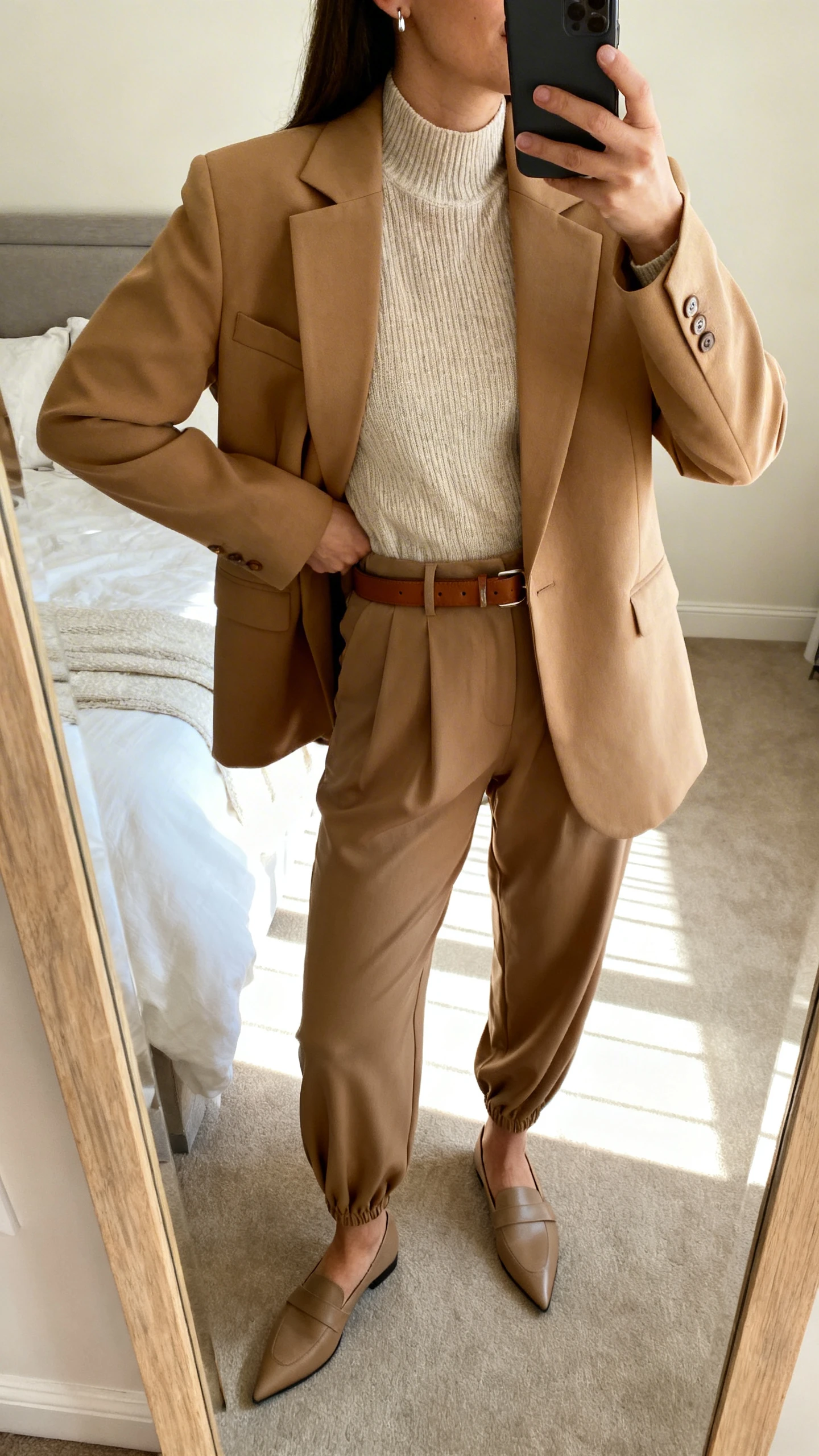 iPhone mirror selfie of a woman wearing a camel tailored blazer, high-rise elastic-back drapey trousers, a breathable mock-neck knit, pointed-toe loafers, a minimalist leather belt, and simple stud earrings, face not visible, cropped at neck, bedroom mirror with morning window light, iPhone photo quality.