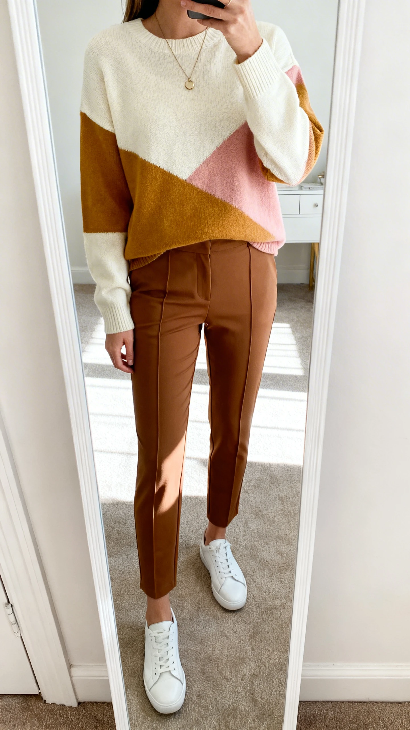iPhone mirror selfie of a woman wearing a color-blocked sweater (cream, camel, and blush panels) with pull-on trousers that look tailored but feel stretchy, white leather sneakers, and a simple pendant necklace, face not visible, cropped at shoulders, full-length mirror, bright morning light, iPhone photo quality.