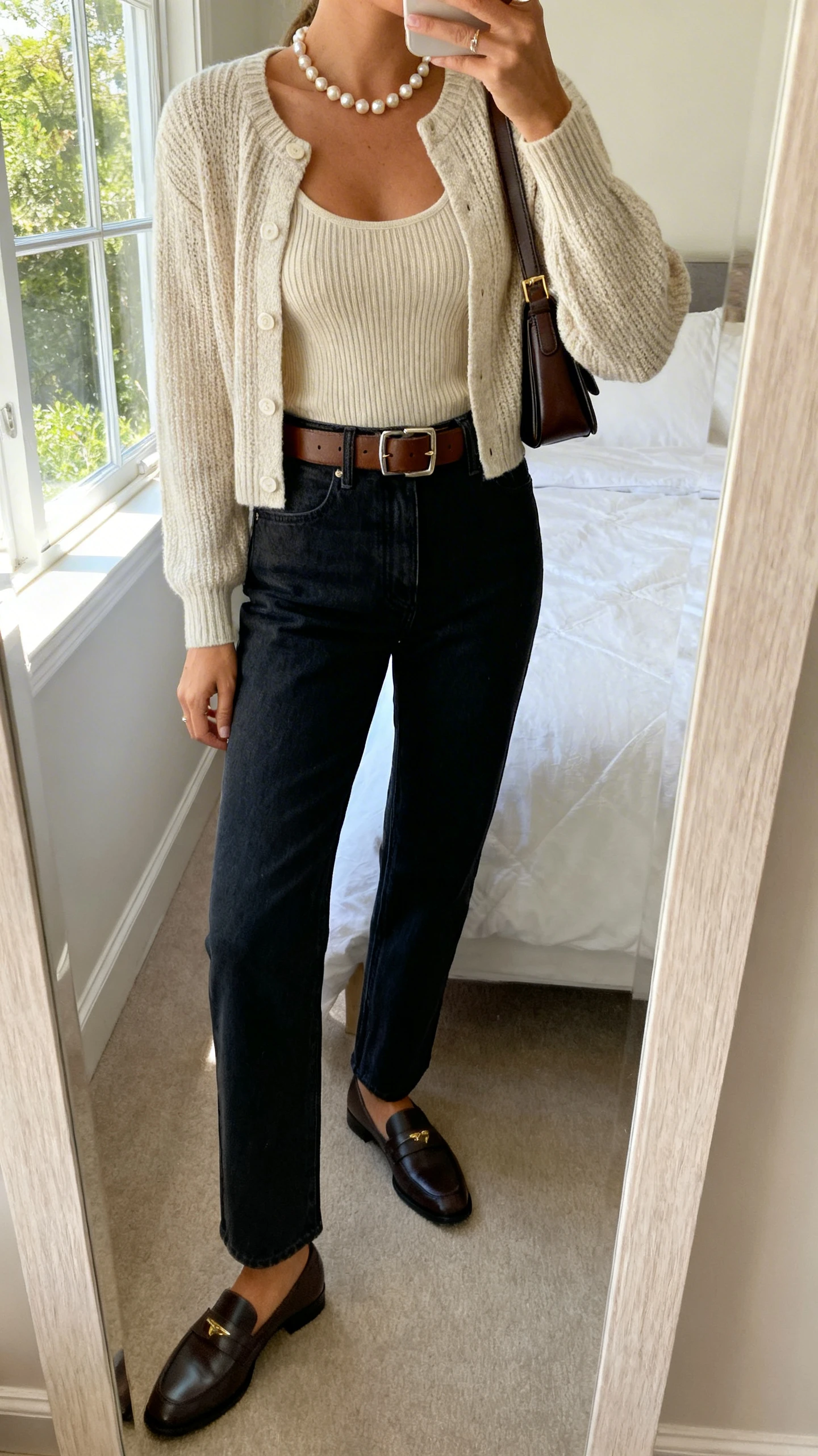 iPhone mirror selfie of a woman wearing a fine-knit cardigan set (shell tank with matching cardigan), high-rise straight-leg dark jeans, chic loafers, pearl studs, a structured leather belt, and a tidy shoulder bag, face not visible, cropped at shoulders, bedroom mirror, natural window light, iPhone photo quality.