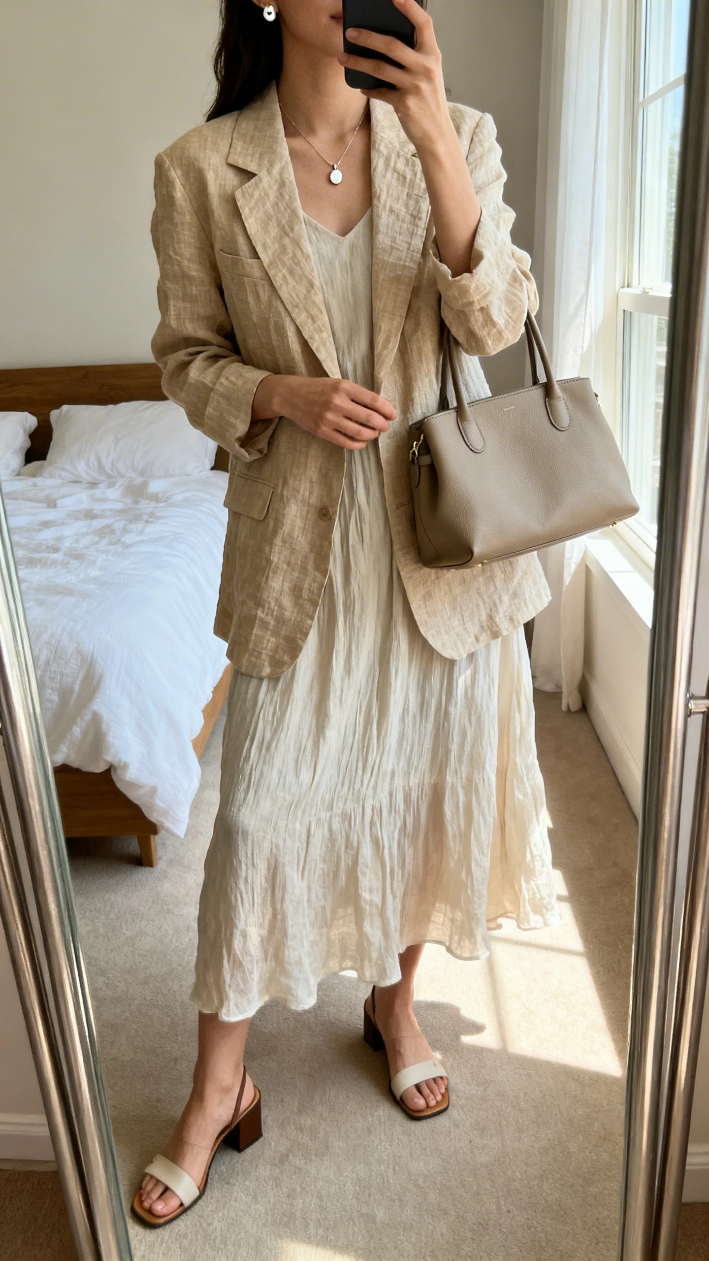 iPhone mirror selfie of a woman wearing a flowy midi dress in breathable fabric with an unstructured linen blazer in beige, minimal block-heel sandals, simple pendant necklace, stud earrings, and a structured tote bag, face not visible, cropped at neck, bedroom mirror with morning window light, iPhone photo quality.