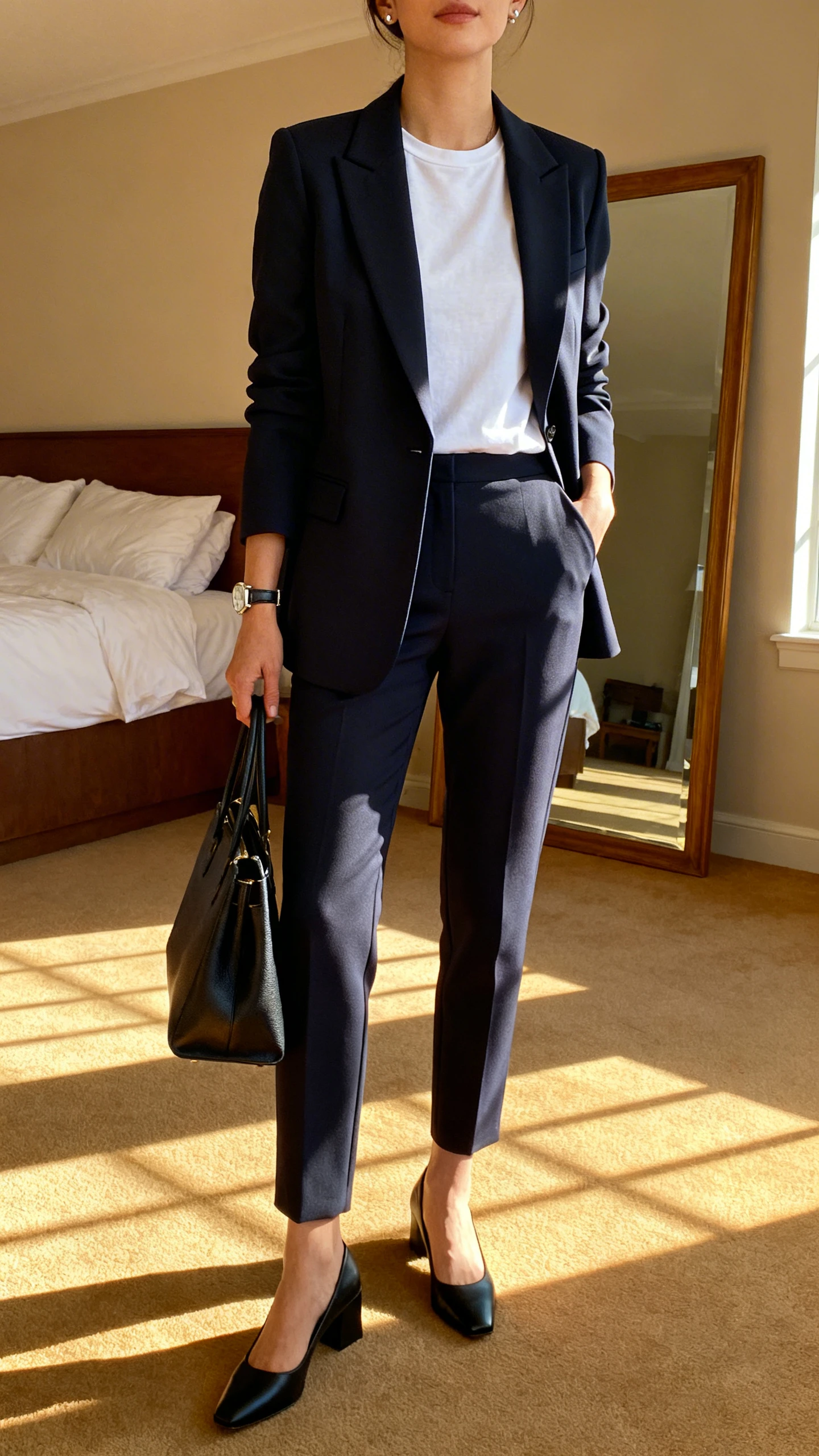 iPhone mirror selfie of a woman wearing a polished ponte power suit with a tailored blazer and matching ankle trousers, simple crewneck tee, low block heels, structured tote, minimal stud earrings and watch, face not visible, cropped at neck, bedroom mirror, morning window light, iPhone photo quality.