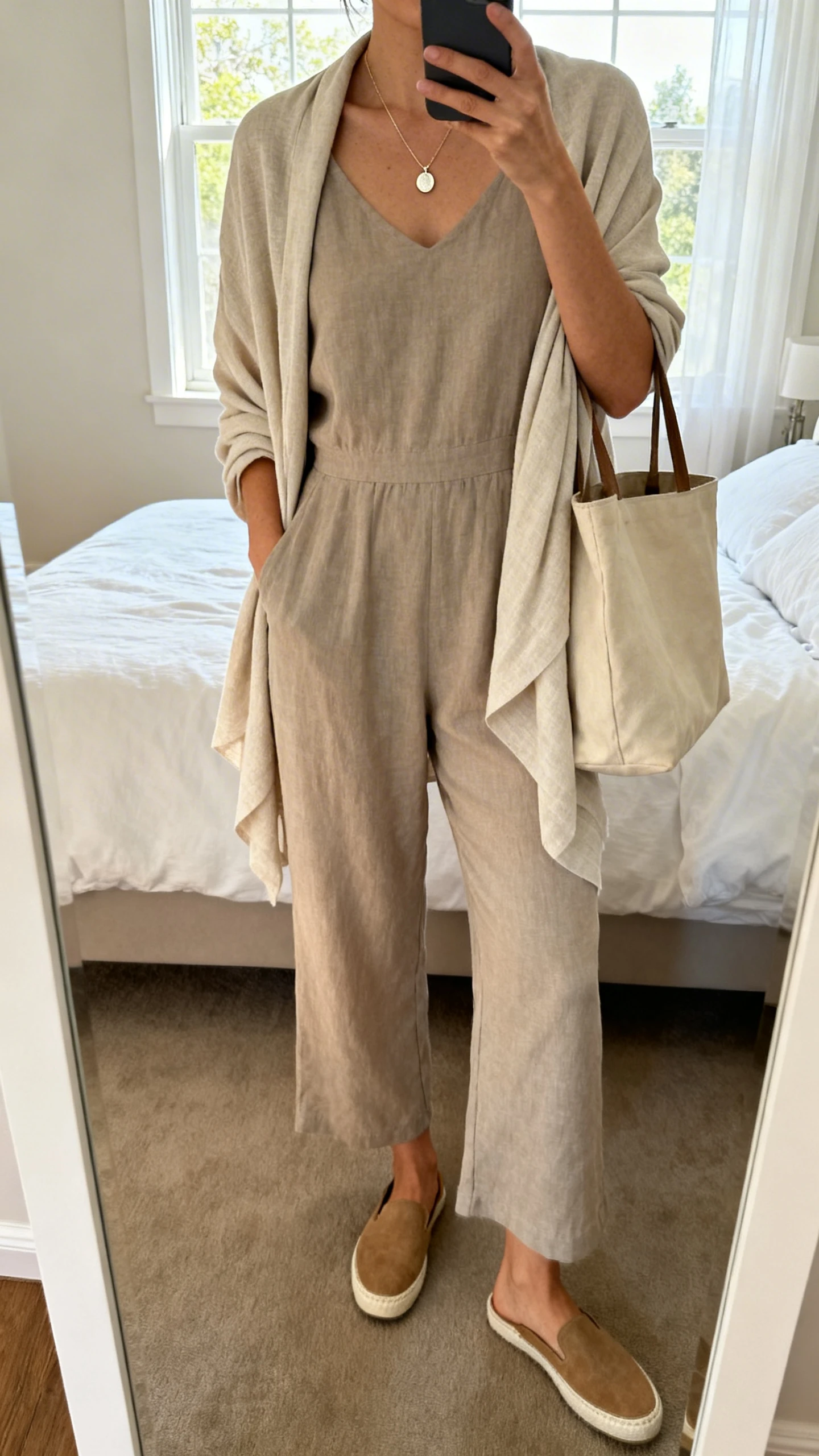 iPhone mirror selfie of a woman wearing a relaxed jumpsuit with a lightweight draped cardigan, slip-on flats, delicate pendant necklace, and a tote, face not visible, cropped at neck, bedroom mirror, natural window light, iPhone photo quality.