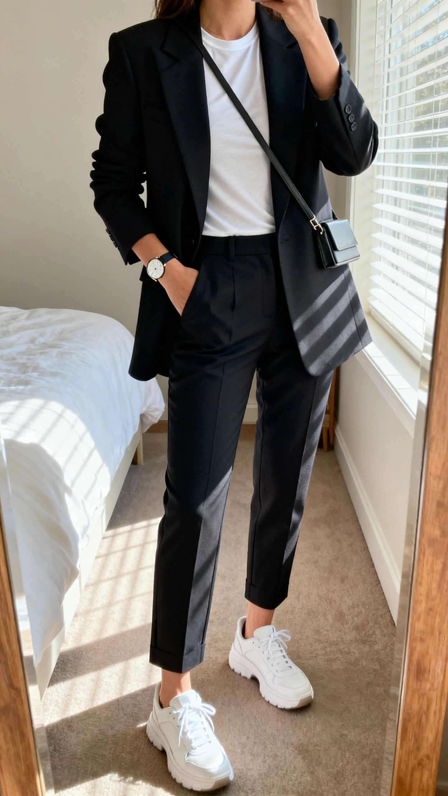 iPhone mirror selfie of a woman wearing a sharp power blazer over a fitted tee, tailored ankle trousers, elevated white sneakers, minimalist watch and slim crossbody, face not visible, cropped at neck, bedroom mirror with morning window light, iPhone photo quality