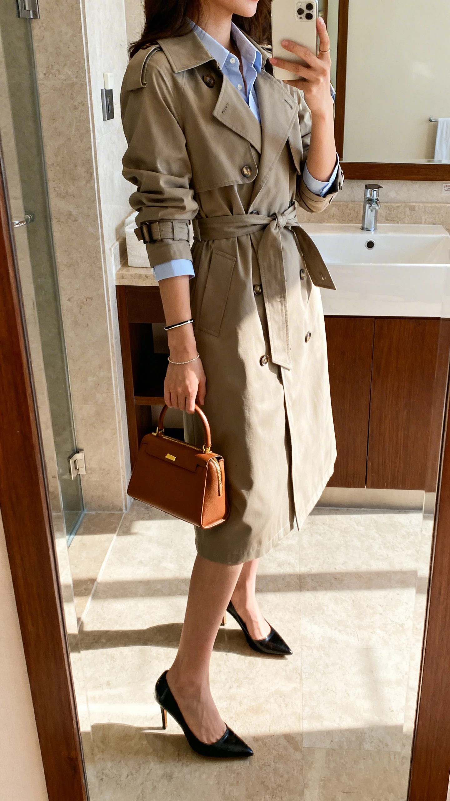 iPhone mirror selfie of a woman wearing a shirt-dress cinched with a belted trench, classic pumps, top-handle bag, and slim bracelet, face not visible, side angle, bathroom mirror, natural daylight, iPhone photo quality.
