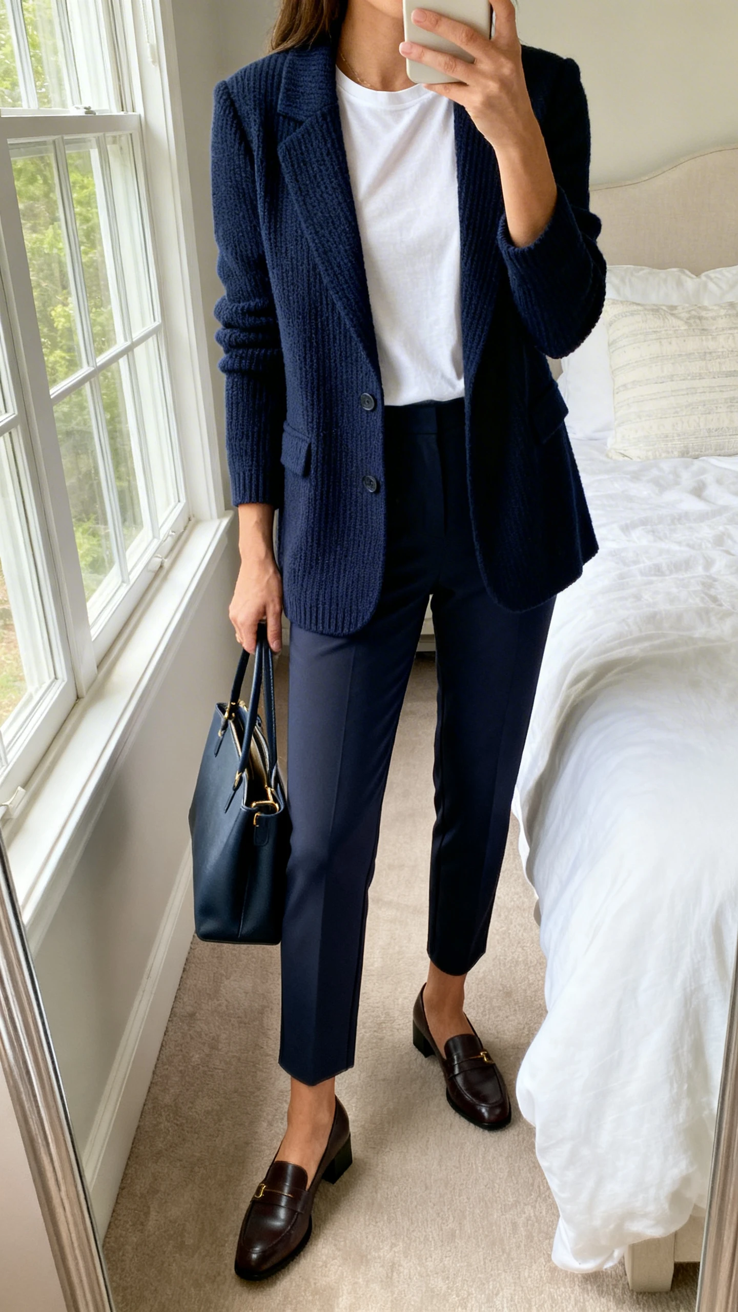 iPhone mirror selfie of a woman wearing a soft knit blazer in navy, high-rise tapered stretch trousers, a breathable white cotton tee, low block-heel loafers, and a structured tote on her arm, face not visible, cropped at neck, bedroom mirror with morning window light, iPhone photo quality.
