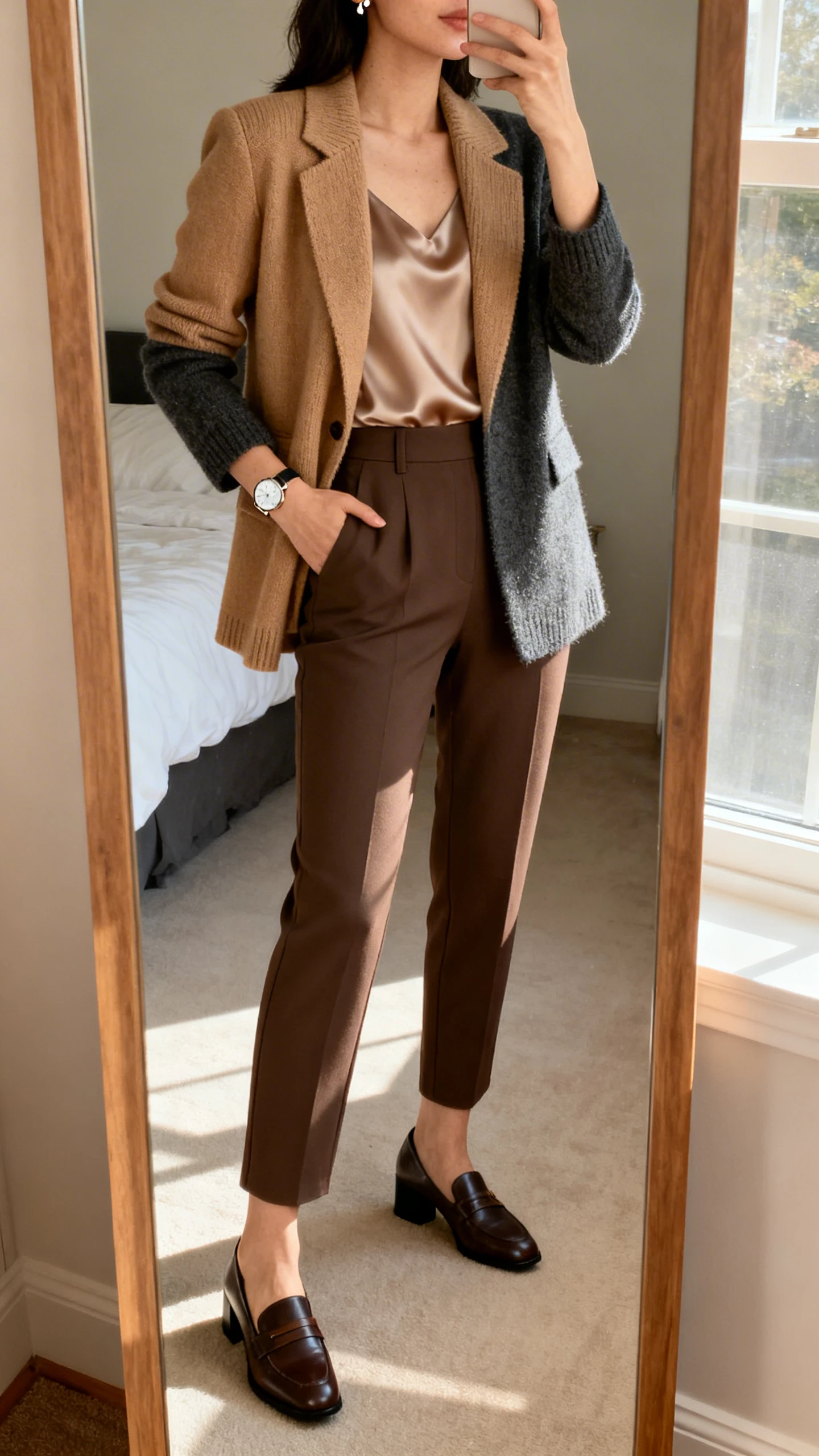 iPhone mirror selfie of a woman wearing a soft knit blazer (camel or charcoal), high-rise pull-on stretch trousers, a breathable silky jersey shell, low block-heel loafers, minimal stud earrings, and a simple watch, face not visible, cropped at neck, bedroom mirror, morning window light, iPhone photo quality.