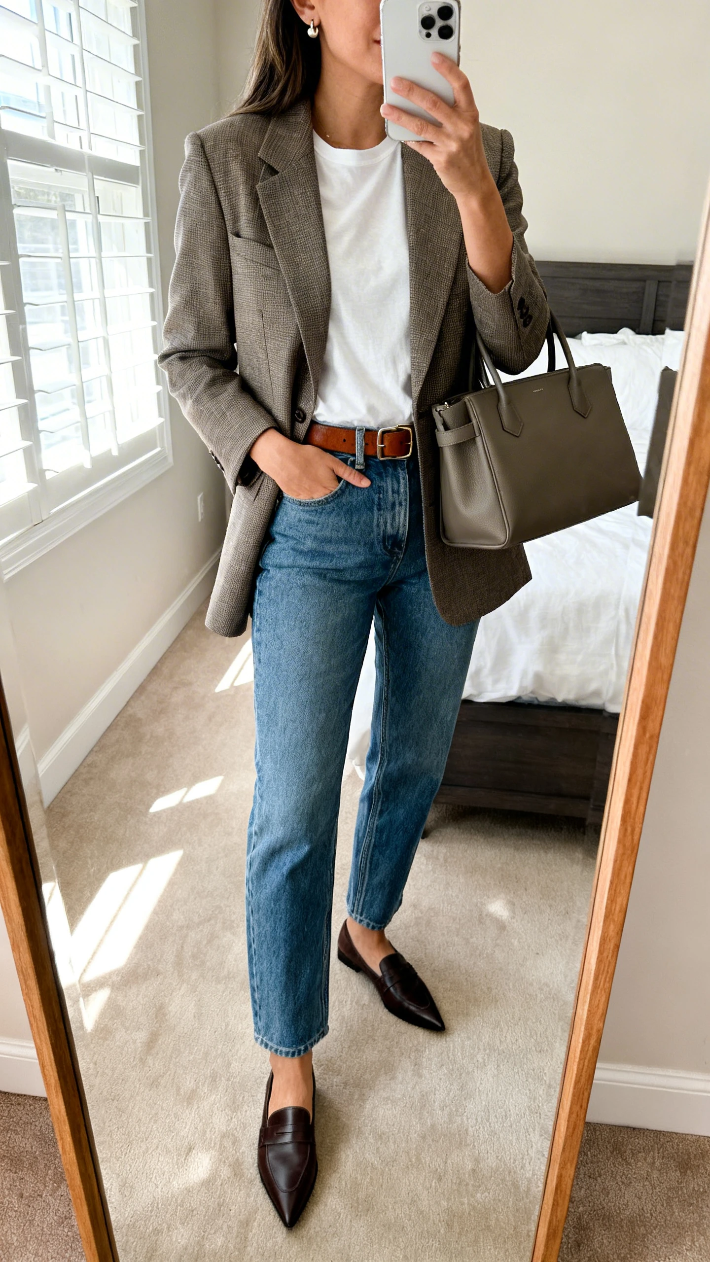 iPhone mirror selfie of a woman wearing a tailored blazer over a simple white tee, straight-leg blue jeans, leather belt, pointed loafers, minimalist stud earrings, structured tote bag, face not visible, cropped at neck, bedroom mirror, morning window light, iPhone photo quality.