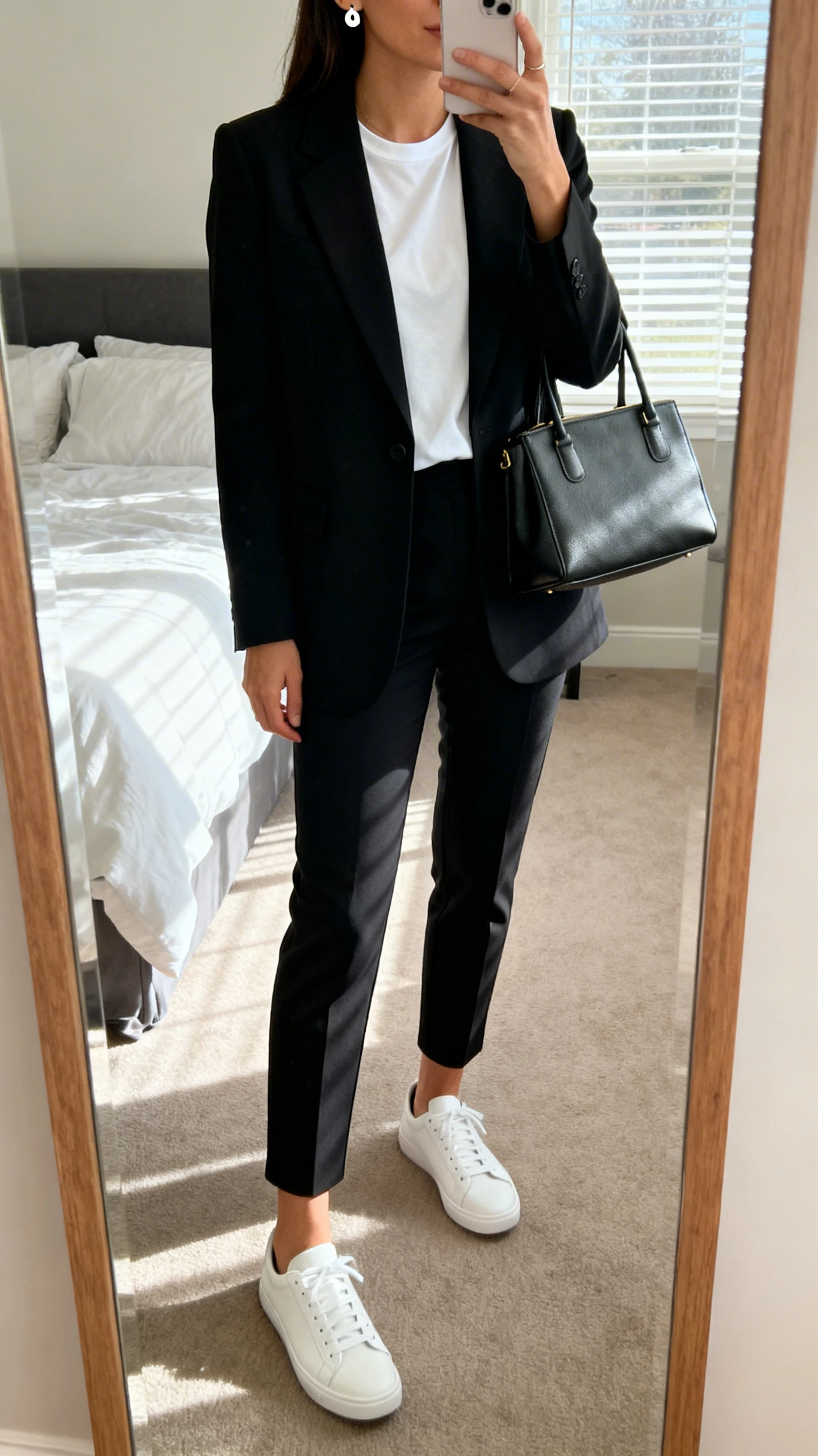 iPhone mirror selfie of a woman wearing a tailored black blazer over a white tee, slim ankle trousers, clean white low-top sneakers, simple stud earrings, and a structured tote, face not visible, cropped at neck, bedroom mirror, morning window light, iPhone photo quality.