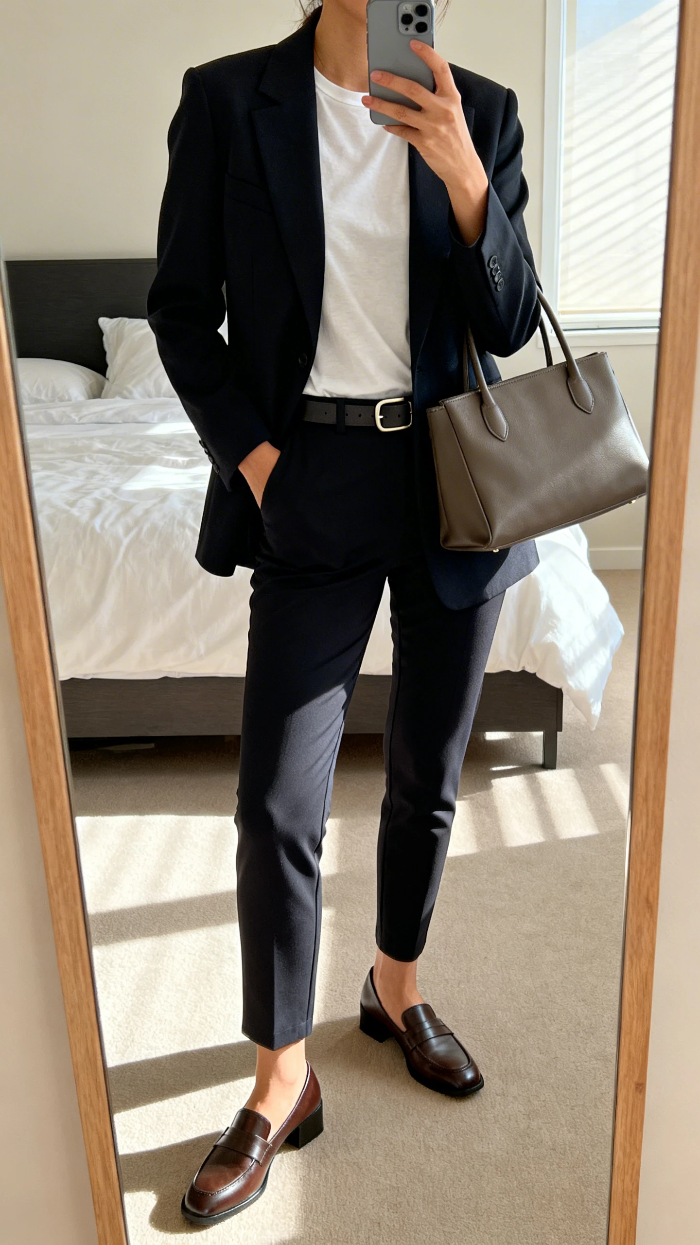 iPhone mirror selfie of a woman wearing a tailored blazer over a simple tee, stretch trousers, low block-heel loafers, minimalist belt, and a structured tote, face not visible, cropped at neck, bedroom mirror, morning window light, iPhone photo quality.