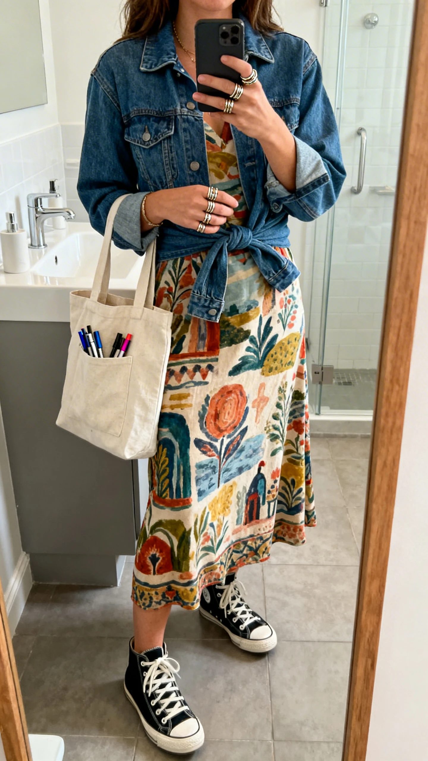 iPhone mirror selfie of a woman wearing an artsy printed midi dress with high-top sneakers, denim jacket tied at the waist, stackable rings and canvas tote with pens, face not visible, cropped at shoulders, bathroom mirror, natural indoor light, iPhone photo quality