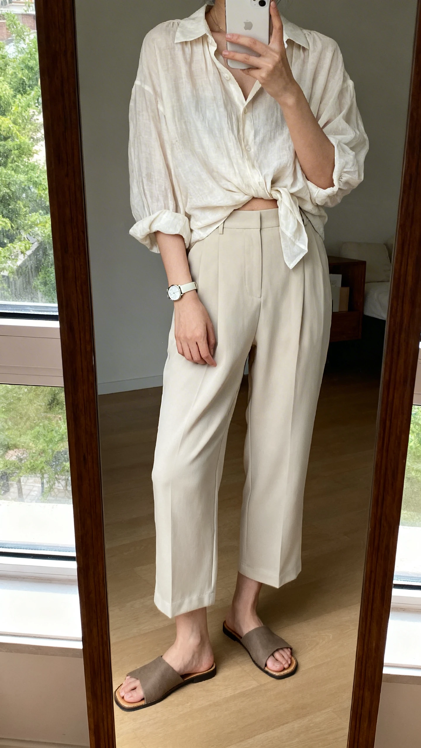 iPhone mirror selfie of a woman wearing cropped wide-leg pants, a breezy blouse half-tucked, slide sandals, and a lightweight watch, face not visible, cropped at neck, full-length mirror by window, natural daylight, iPhone photo quality.